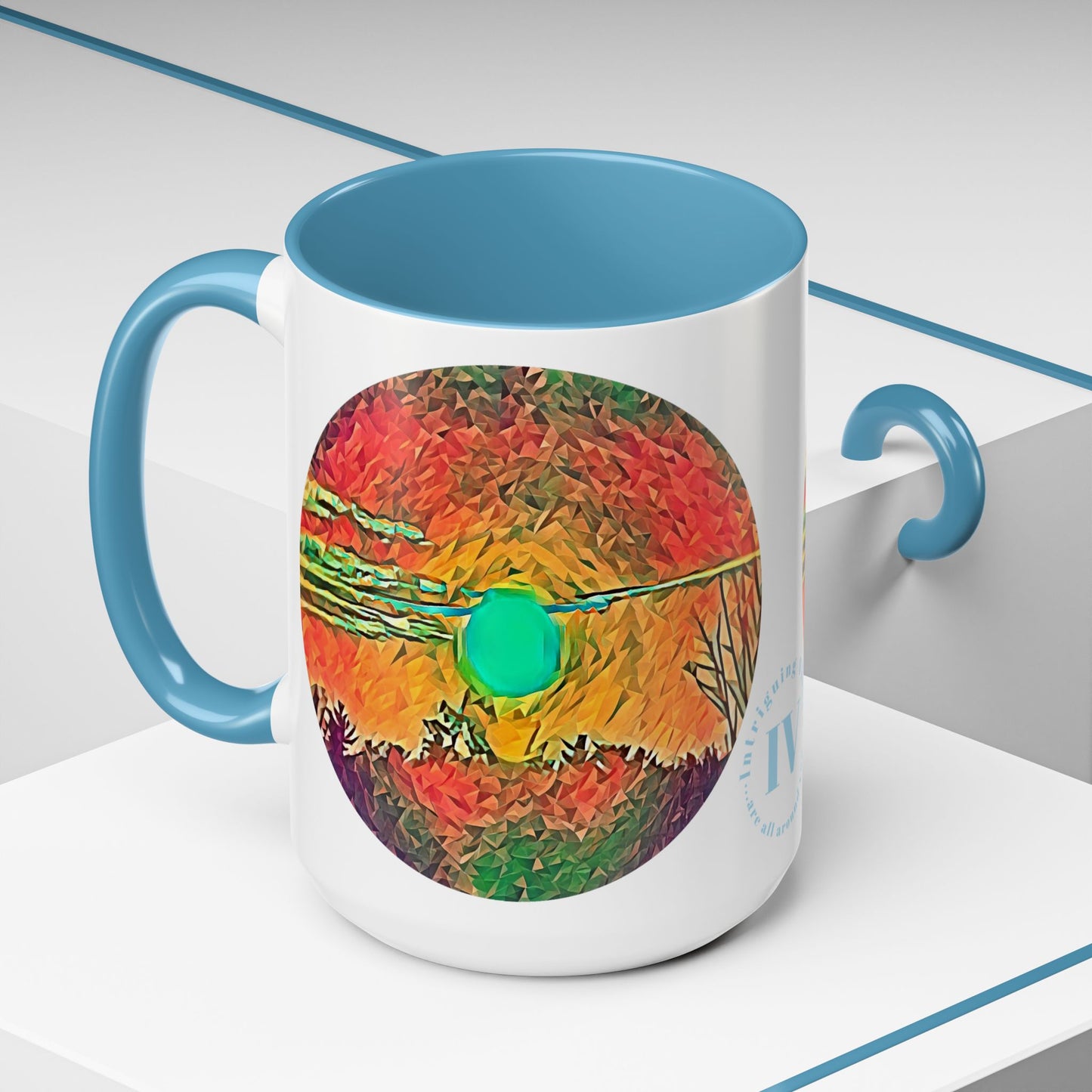 Custom Designed Lt Blue Accent Coffee Mug Available In Two Sizes From The Sunset Series At Intriguing Vistas