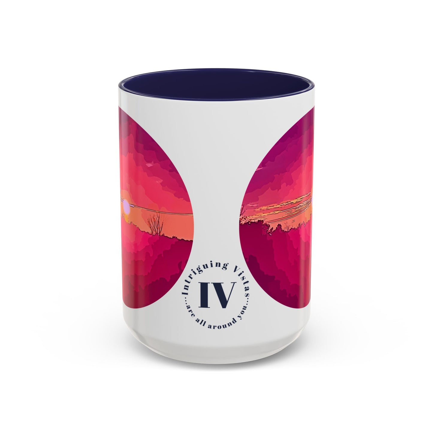 Custom Designed Navy Accent Coffee Mug Available In Two Sizes From The Sunset Series At Intriguing Vistas