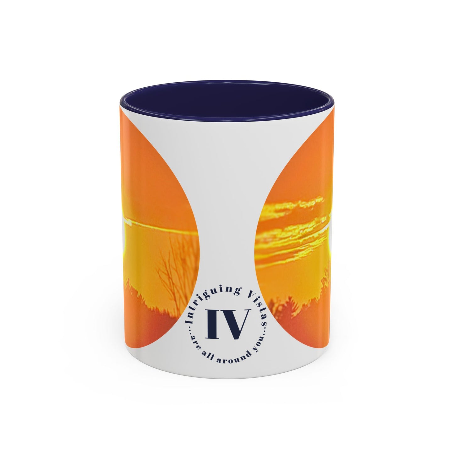 Custom Designed Navy Accent Coffee Mug Available In Two Sizes From The Sunset Series At Intriguing Vistas