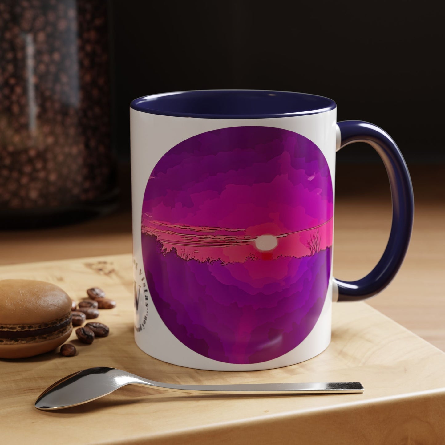 Custom Designed Navy Accent Coffee Mug Available In Two Sizes From The Sunset Series At Intriguing Vistas