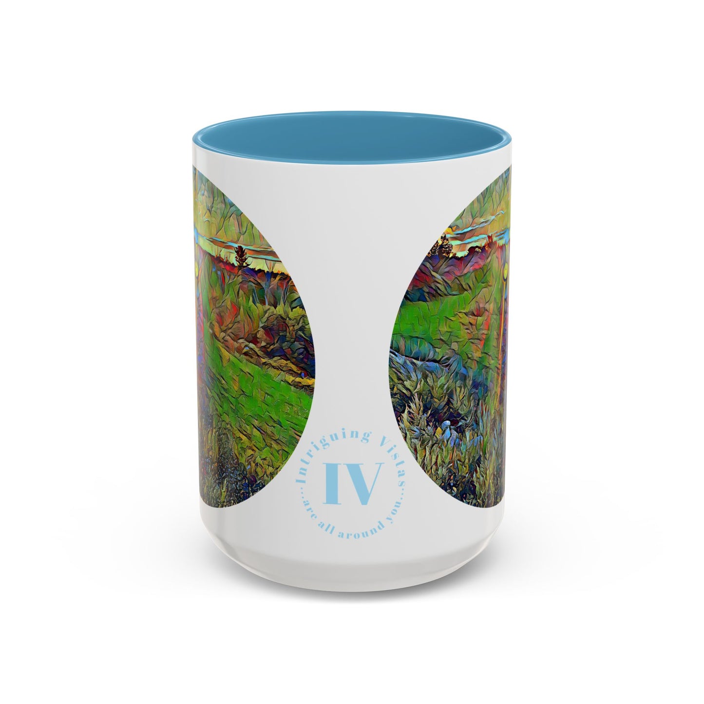 Custom Designed Lt Blue Accent Coffee Mug Available In Two Sizes From The Sunset Series At Intriguing Vistas