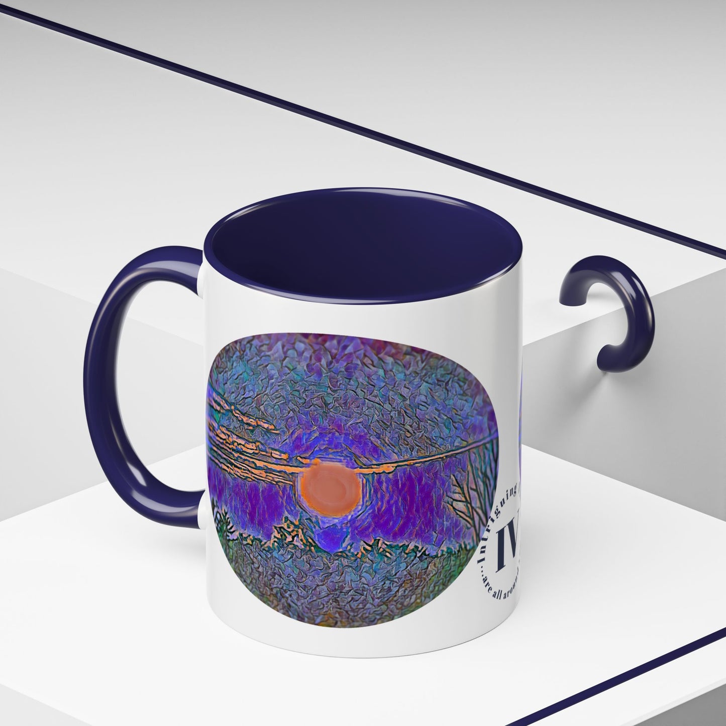 Custom Designed Navy Accent Coffee Mug Available In Two Sizes From The Sunset Series At Intriguing Vistas
