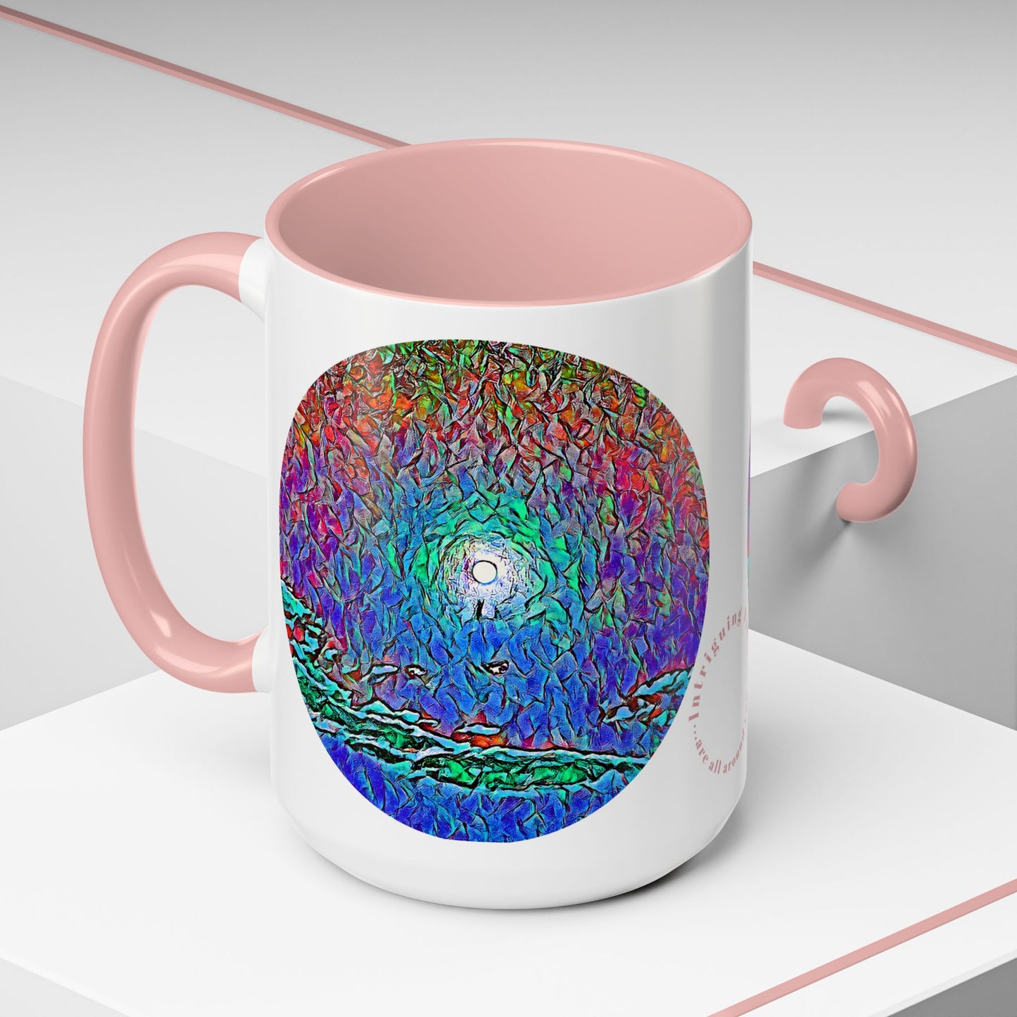 Custom Designed Pink Accent Coffee Mug Available In Two Sizes From The Night Sky Series At Intriguing Vistas