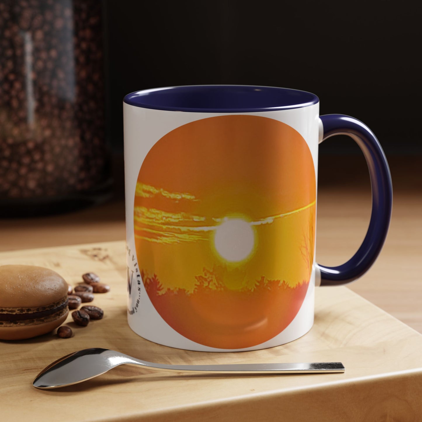 Custom Designed Navy Accent Coffee Mug Available In Two Sizes From The Sunset Series At Intriguing Vistas