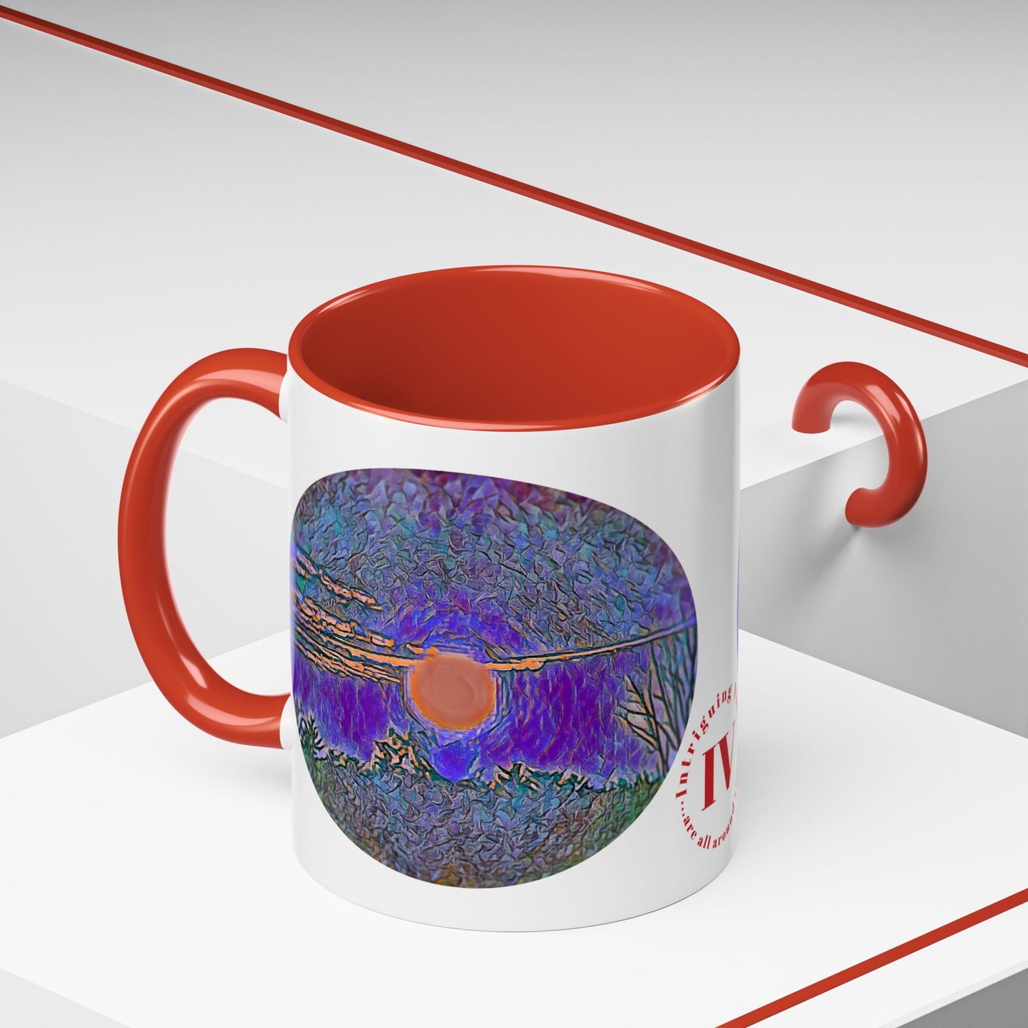 Custom Designed Red Accent Coffee Mug Available In Two Sizes From The Sunset Series At Intriguing Vistas