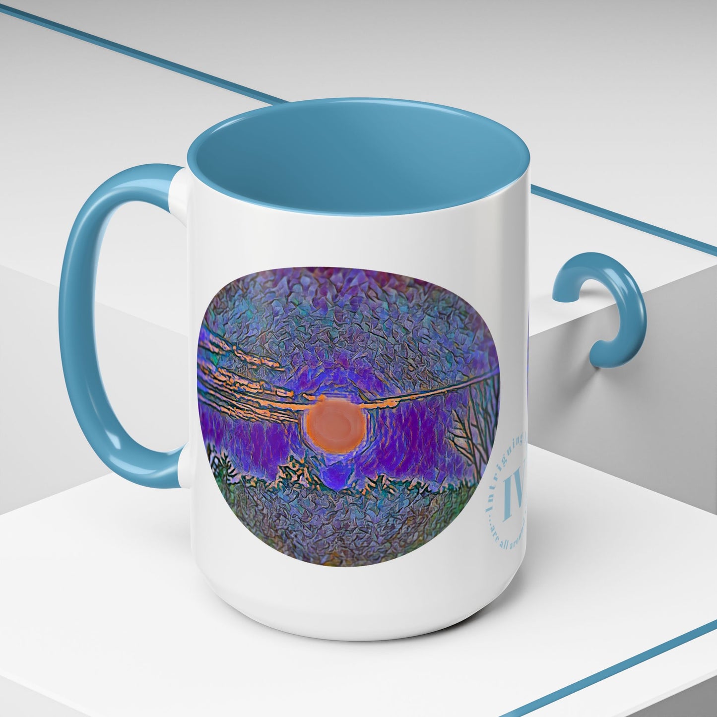 Custom Designed Lt Blue Accent Coffee Mug Available In Two Sizes From The Sunset Series At Intriguing Vistas