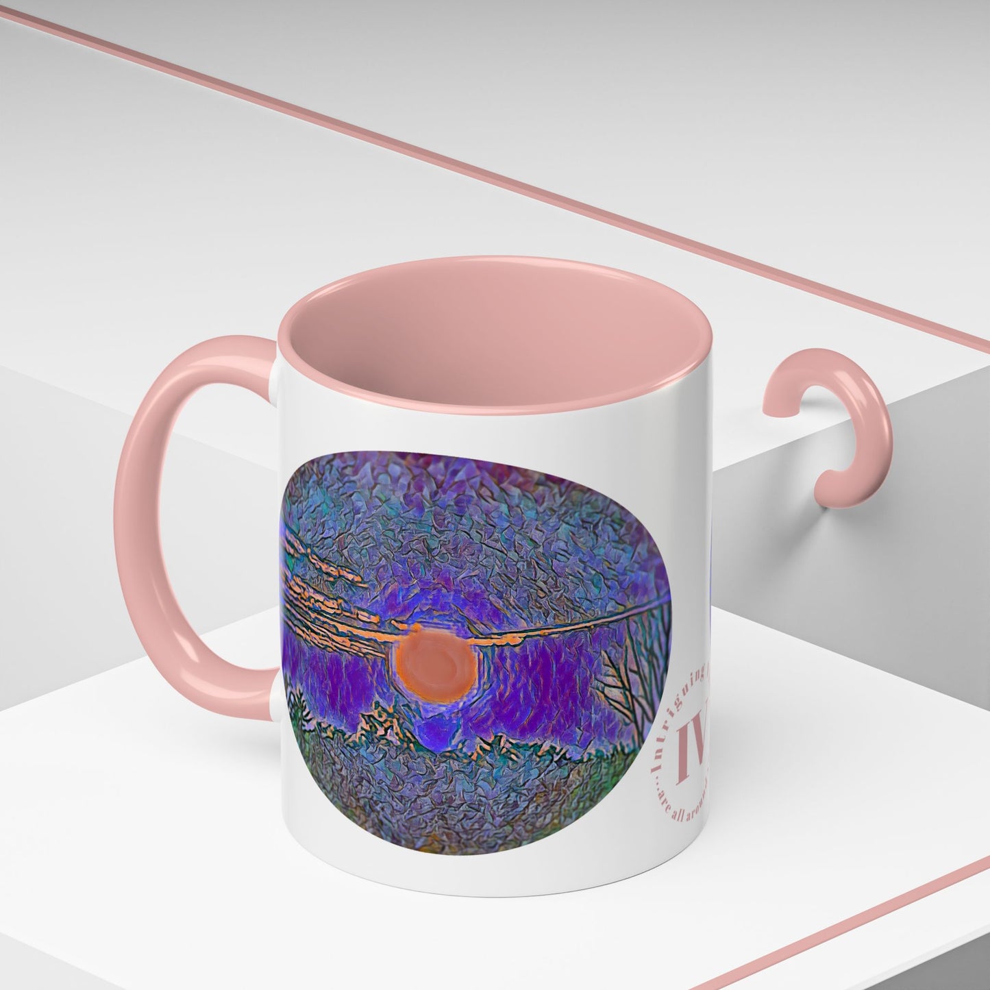 Custom Designed Pink Accent Coffee Mug Available In Two Sizes From The Sunset Series At Intriguing Vistas