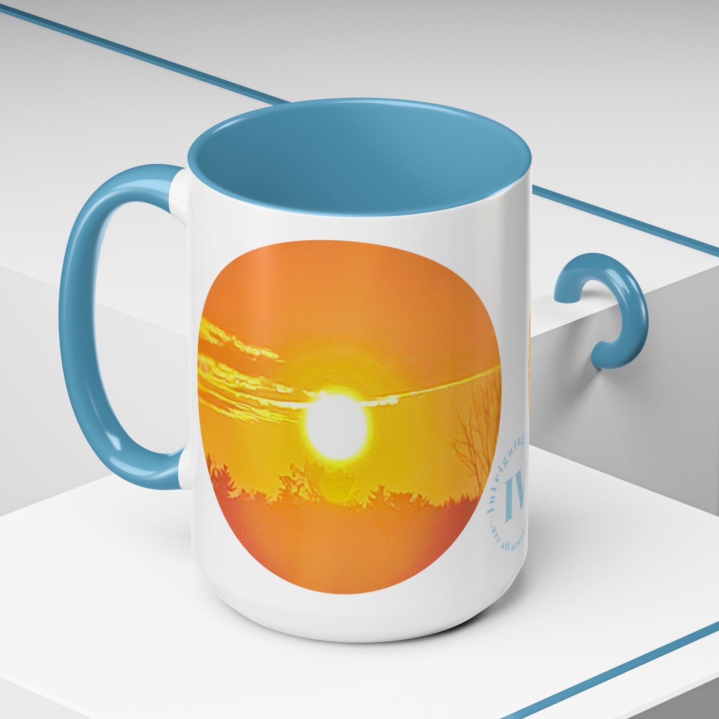 Custom Designed Lt Blue Accent Coffee Mug Available In Two Sizes From The Sunset Series At Intriguing Vistas
