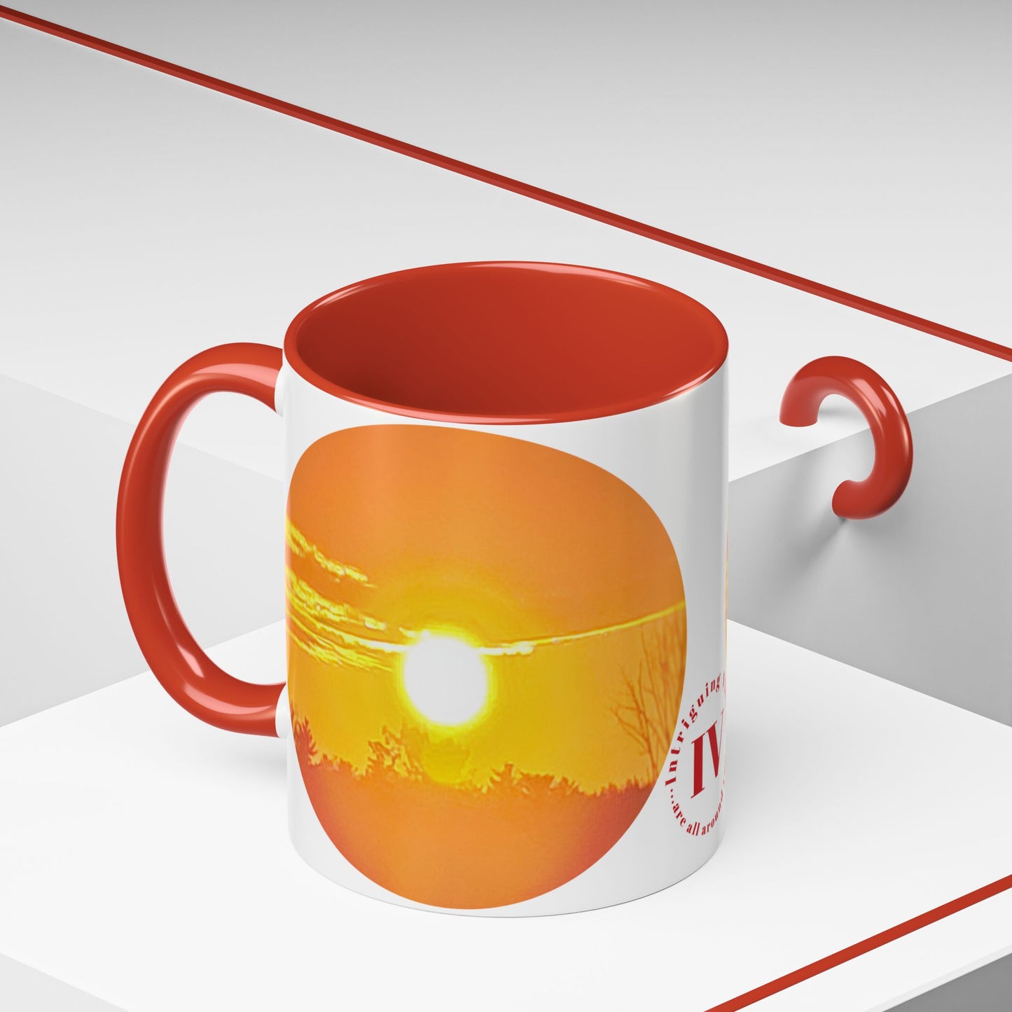 Custom Designed Red Accent Coffee Mug Available In Two Sizes From The Sunset Series At Intriguing Vistas