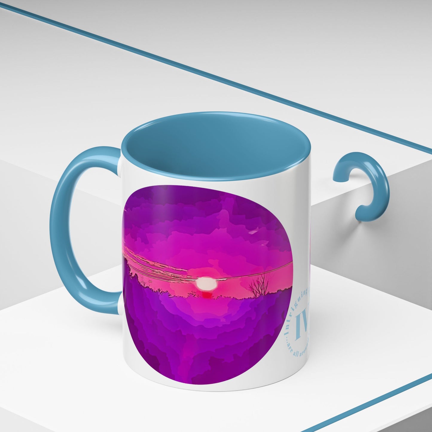 Custom Designed Lt Blue Accent Coffee Mug Available In Two Sizes From The Sunset Series At Intriguing Vistas