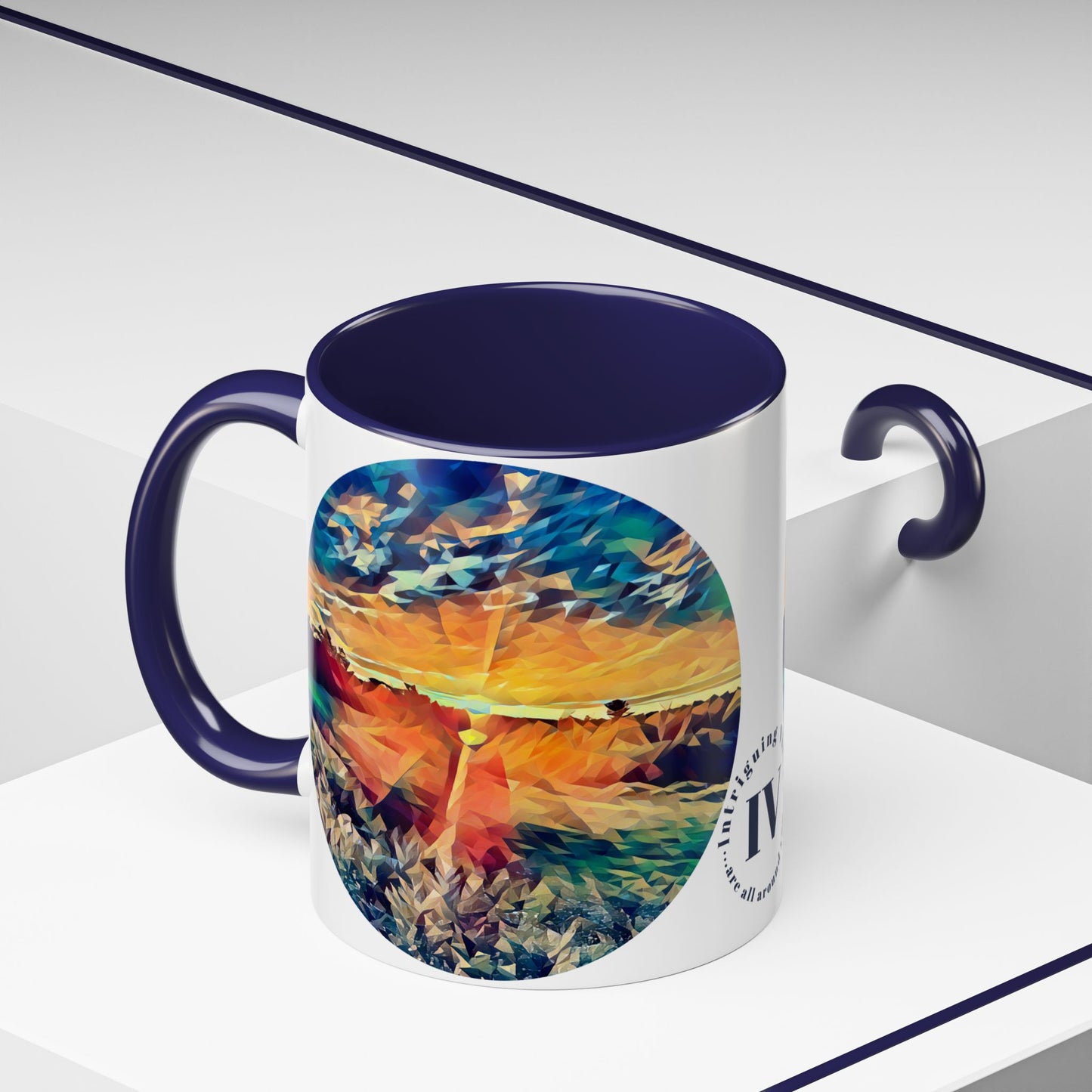 Custom Designed Navy Accent Coffee Mug Available In Two Sizes From The Sunset Series At Intriguing Vistas