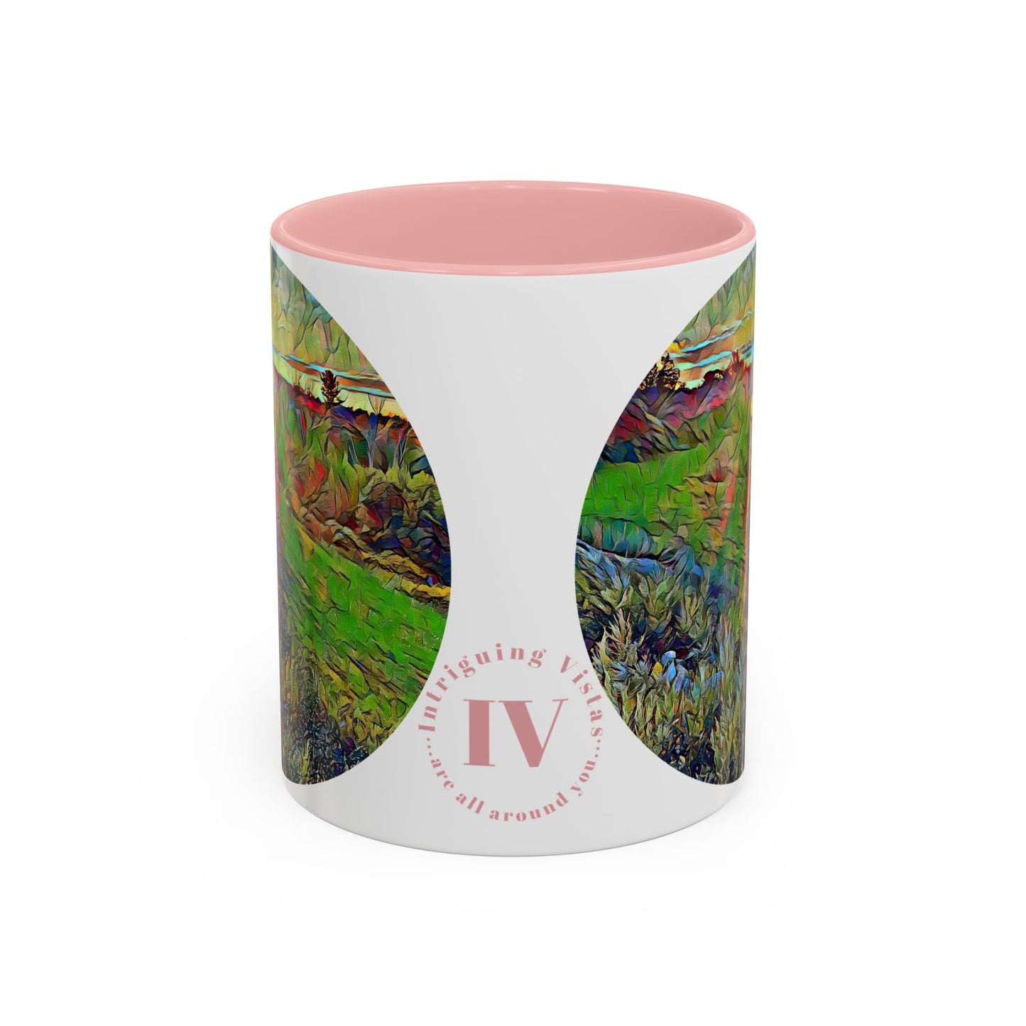 Custom Designed Pink Accent Coffee Mug Available In Two Sizes From The Sunset Series At Intriguing Vistas
