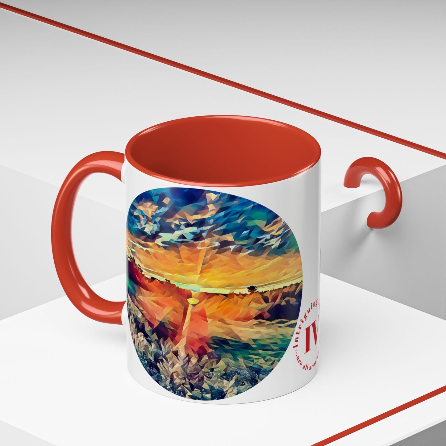 Custom Designed Red Accent Coffee Mug Available In Two Sizes From The Sunset Series At Intriguing Vistas