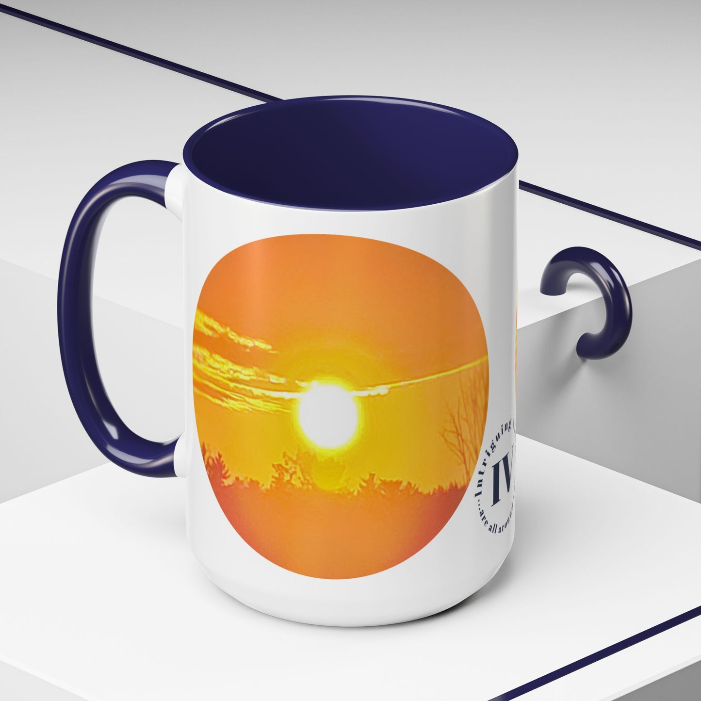 Custom Designed Navy Accent Coffee Mug Available In Two Sizes From The Sunset Series At Intriguing Vistas