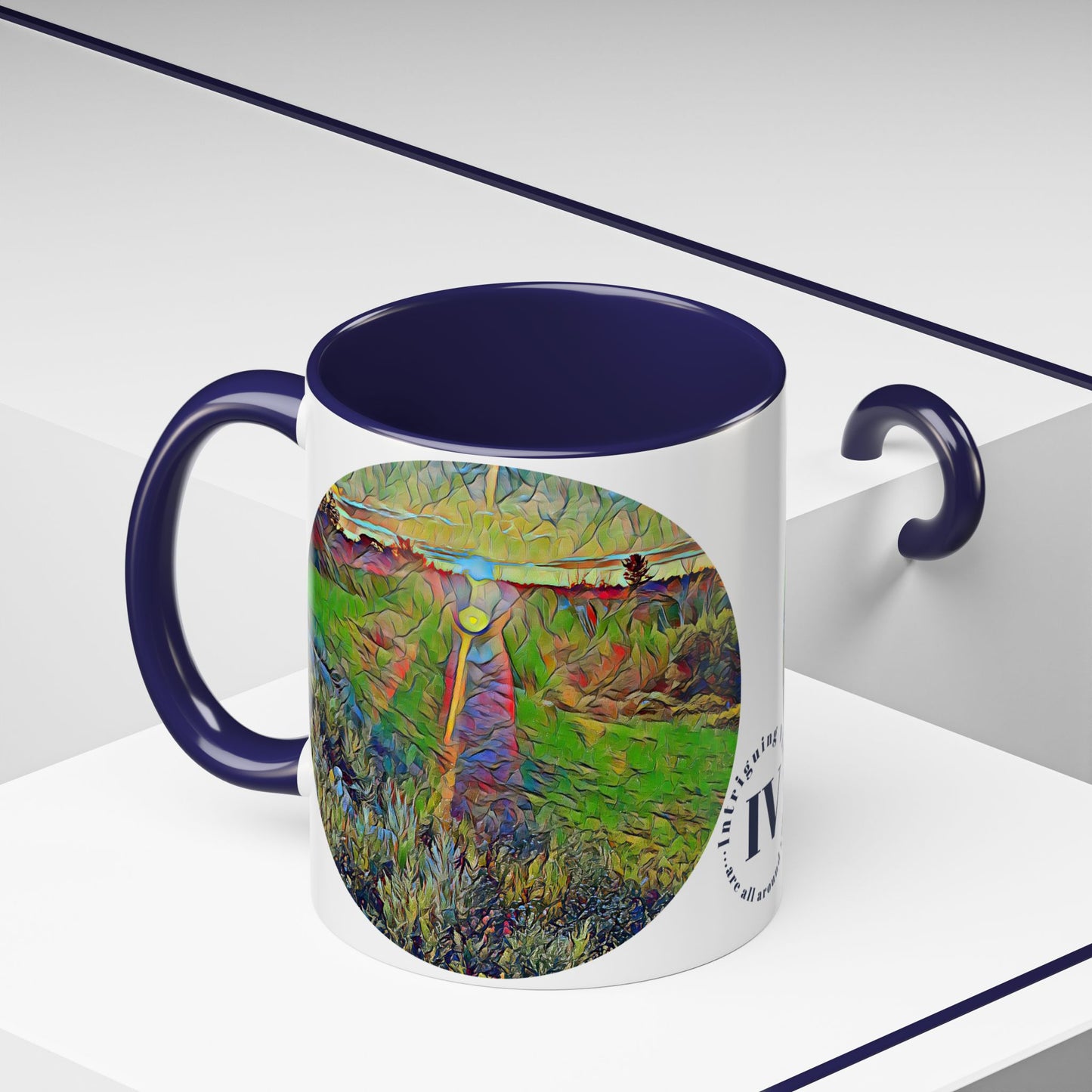 Custom Designed Navy Accent Coffee Mug Available In Two Sizes From The Sunset Series At Intriguing Vistas