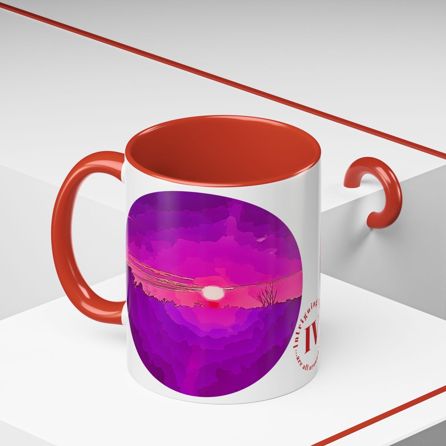 Custom Designed Red Accent Coffee Mug Available In Two Sizes From The Sunset Series At Intriguing Vistas