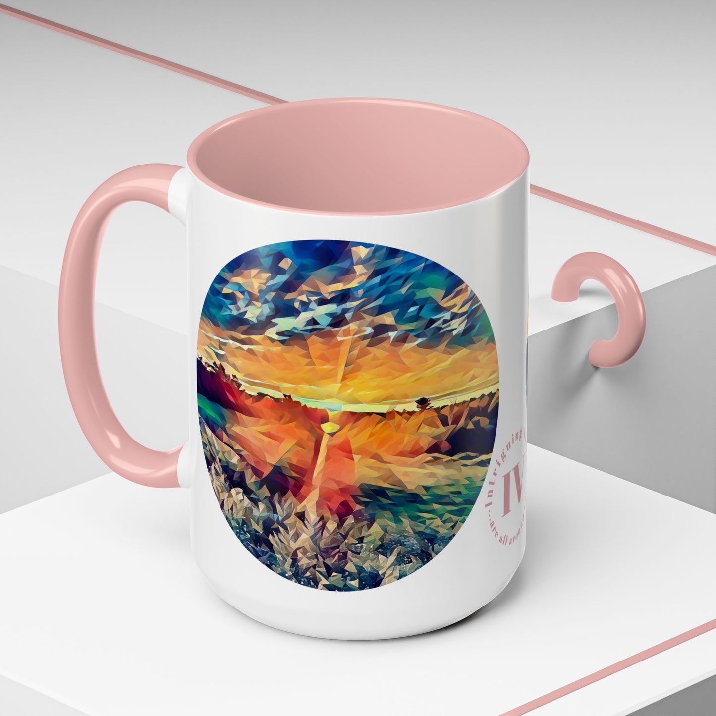 Custom Designed Pink Accent Coffee Mug Available In Two Sizes From The Sunset Series At Intriguing Vistas