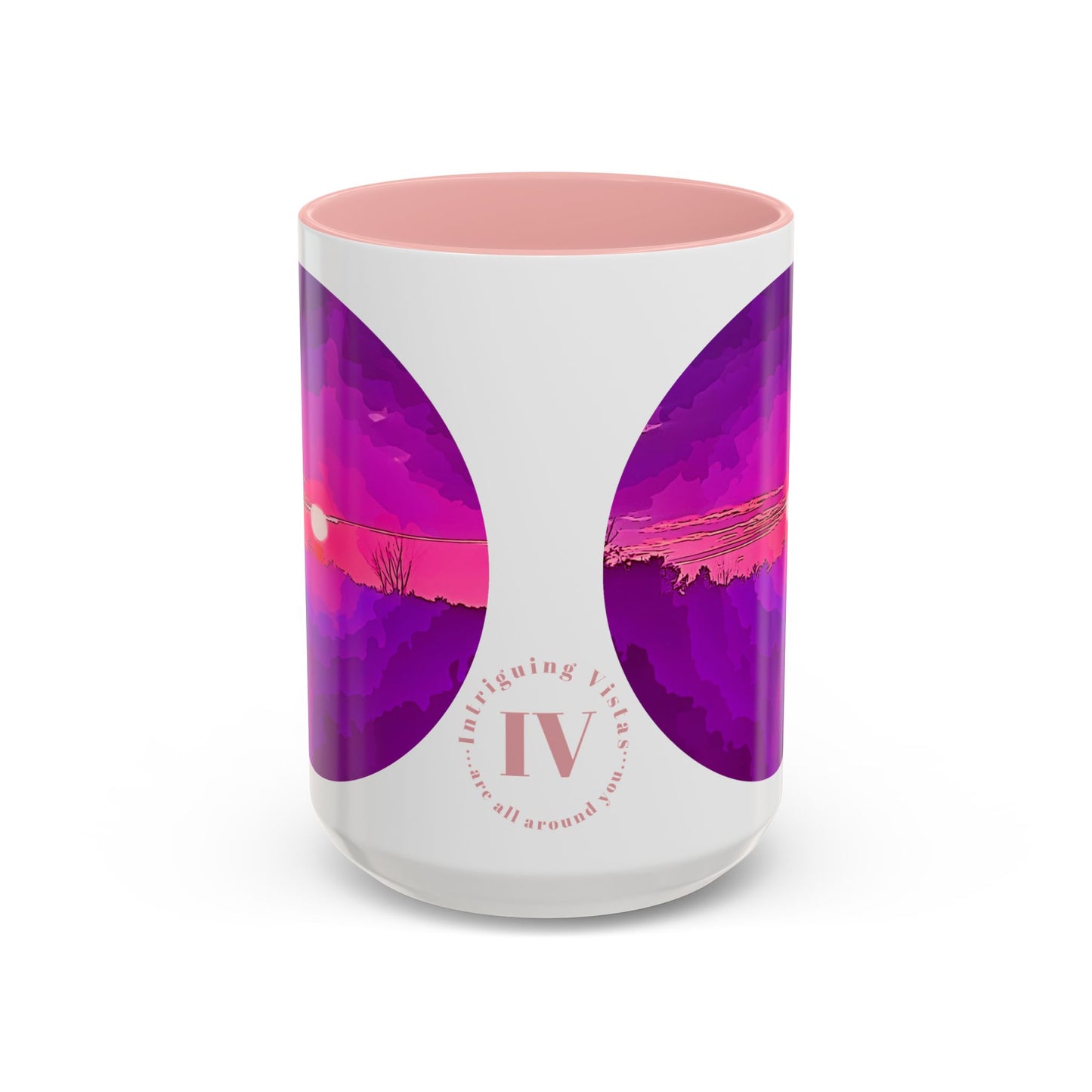 Custom Designed Pink Accent Coffee Mug Available In Two Sizes From The Sunset Series At Intriguing Vistas
