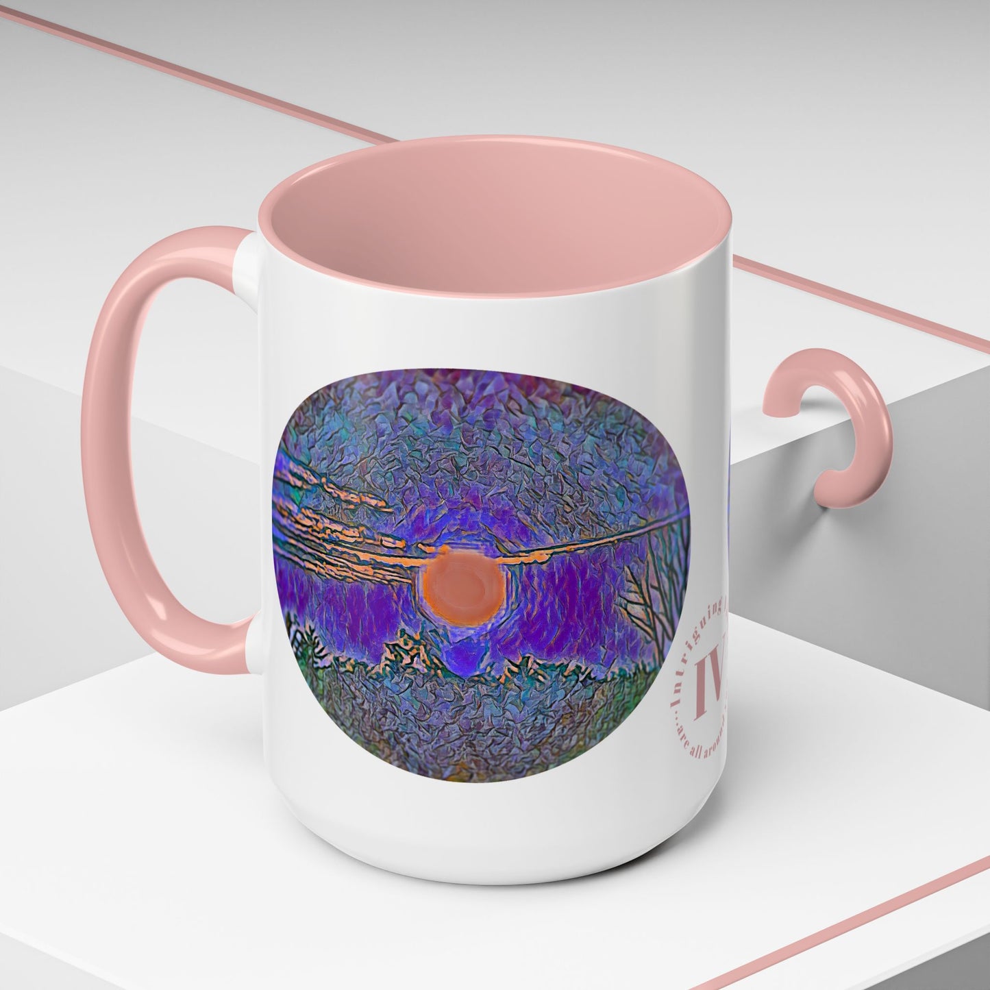 Custom Designed Pink Accent Coffee Mug Available In Two Sizes From The Sunset Series At Intriguing Vistas
