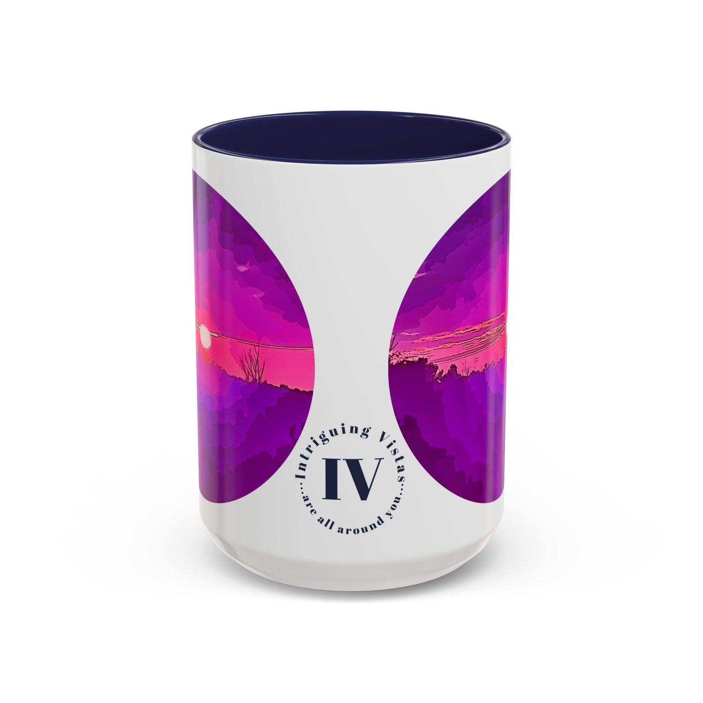 Custom Designed Navy Accent Coffee Mug Available In Two Sizes From The Sunset Series At Intriguing Vistas