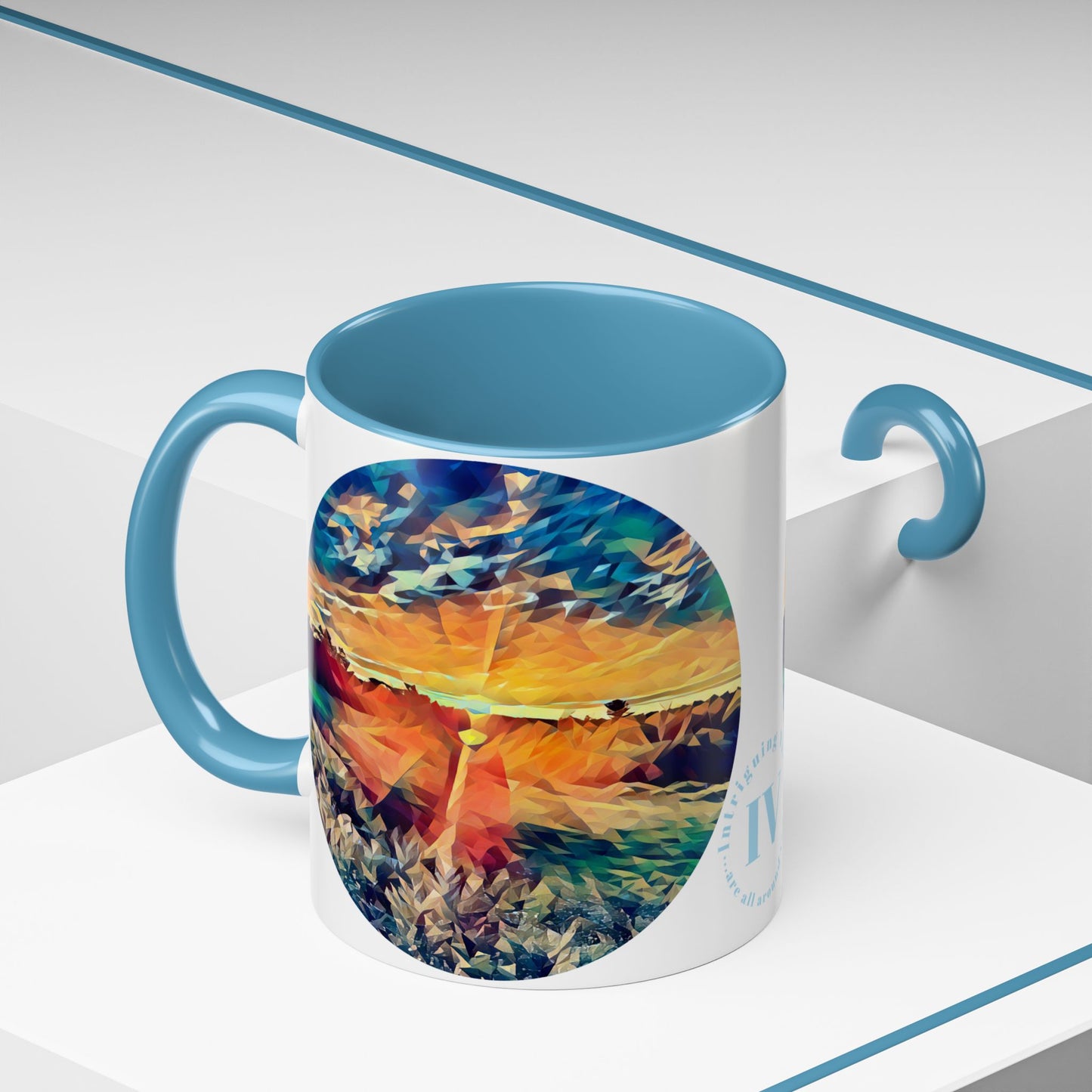 Custom Designed Lt Blue Accent Coffee Mug Available In Two Sizes From The Sunset Series At Intriguing Vistas