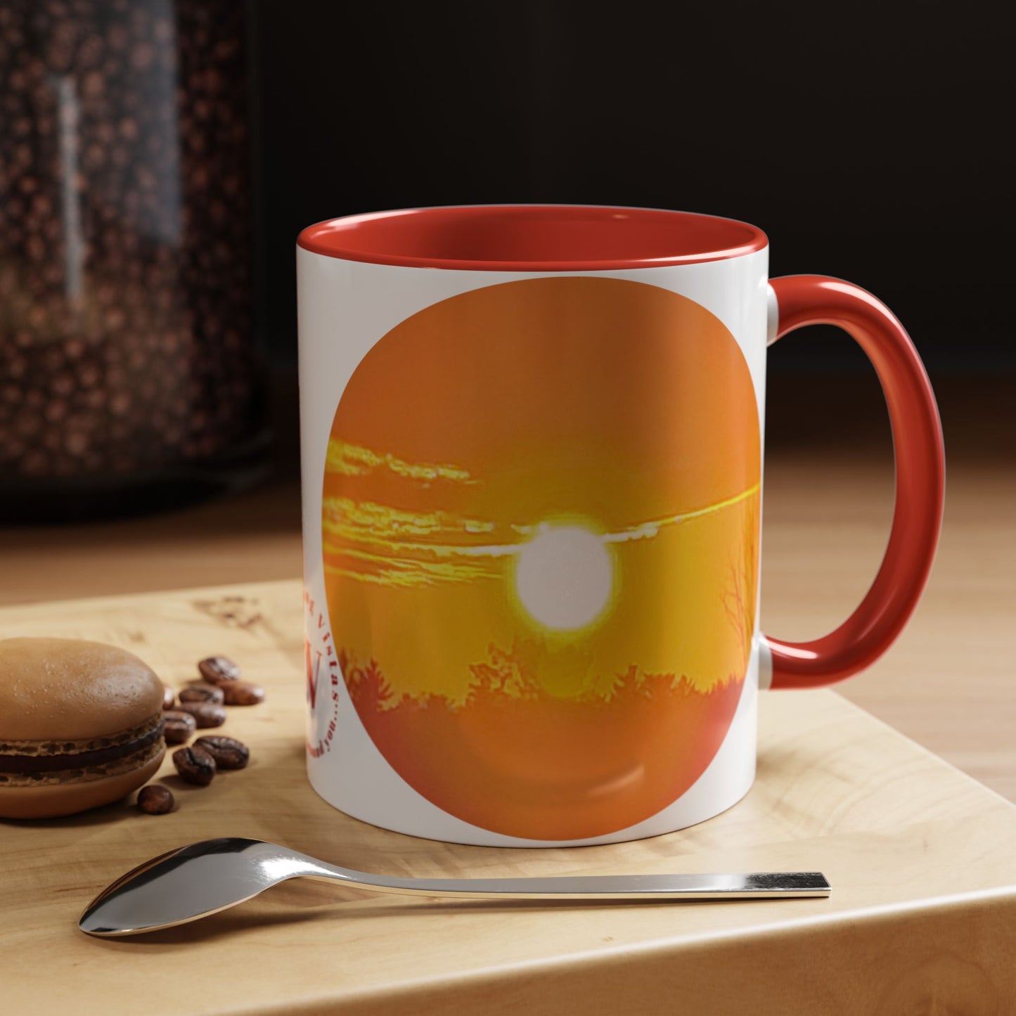 Custom Designed Red Accent Coffee Mug Available In Two Sizes From The Sunset Series At Intriguing Vistas