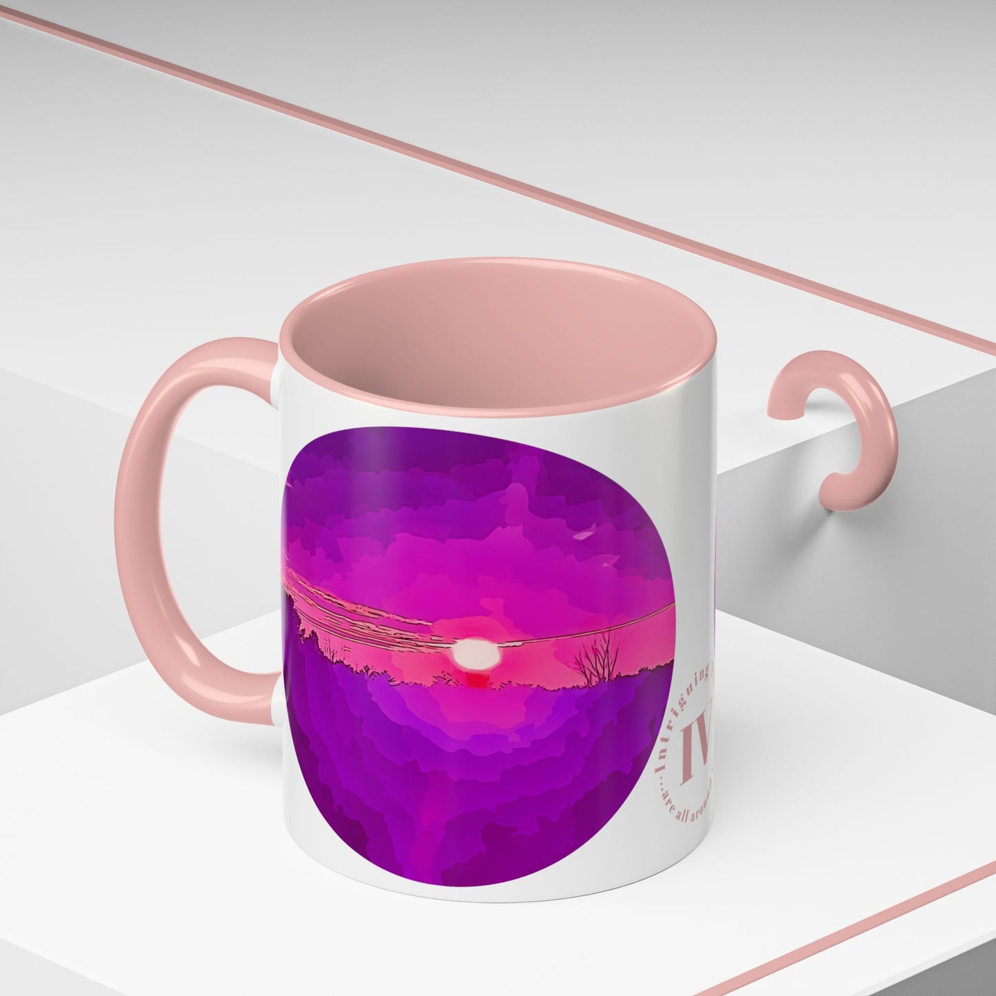 Custom Designed Pink Accent Coffee Mug Available In Two Sizes From The Sunset Series At Intriguing Vistas