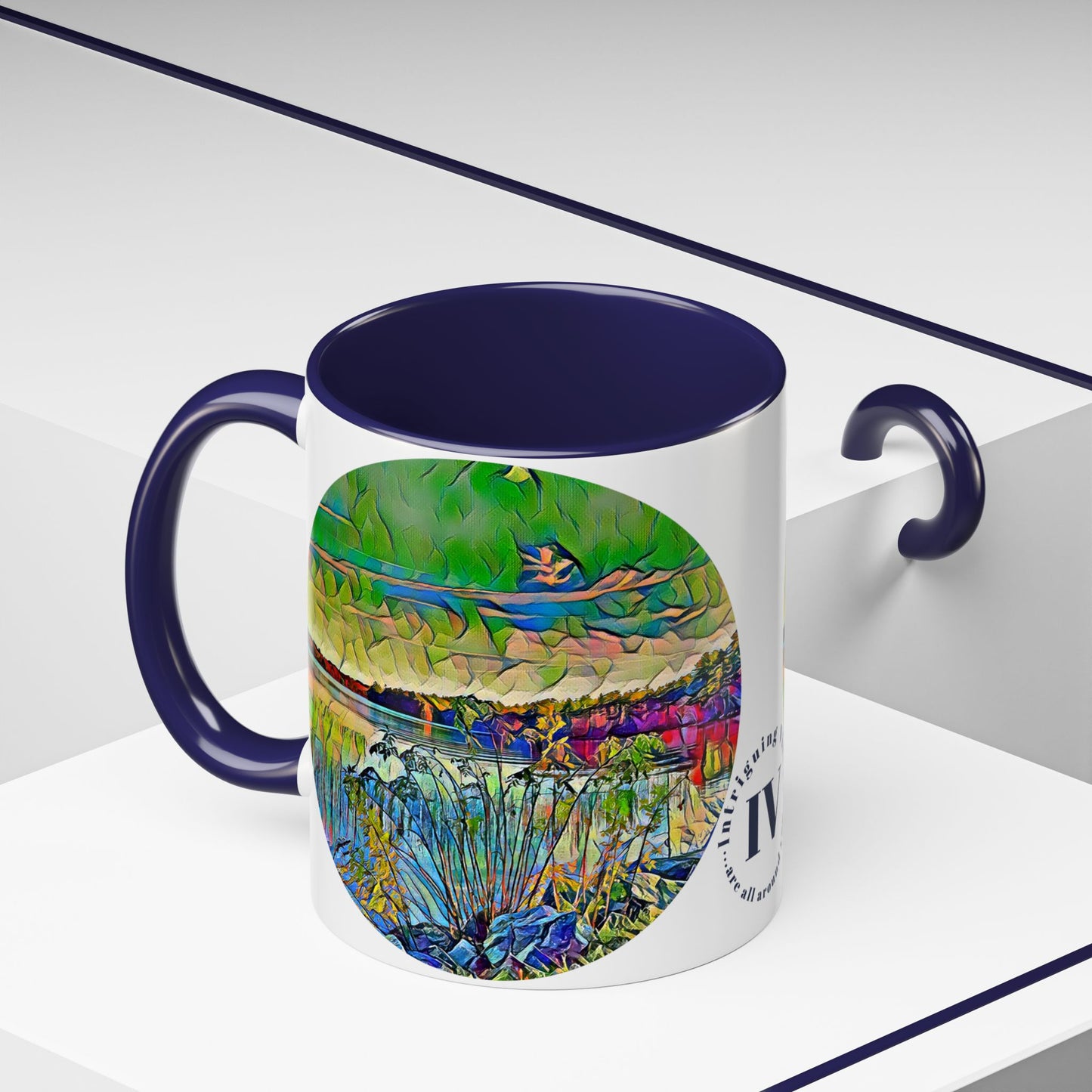 Custom Designed Navy Accent Coffee Mug Available In Two Sizes From The Scenery Series At Intriguing Vistas