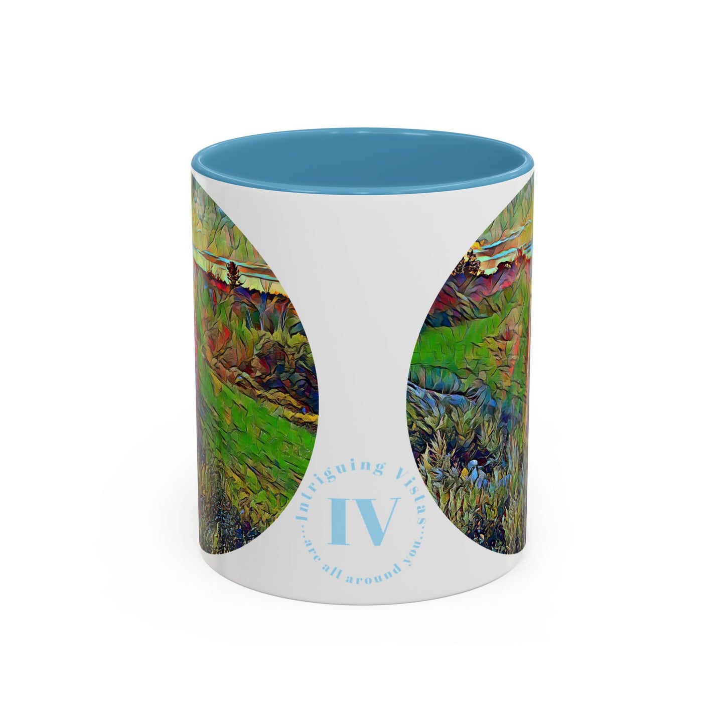 Custom Designed Lt Blue Accent Coffee Mug Available In Two Sizes From The Sunset Series At Intriguing Vistas