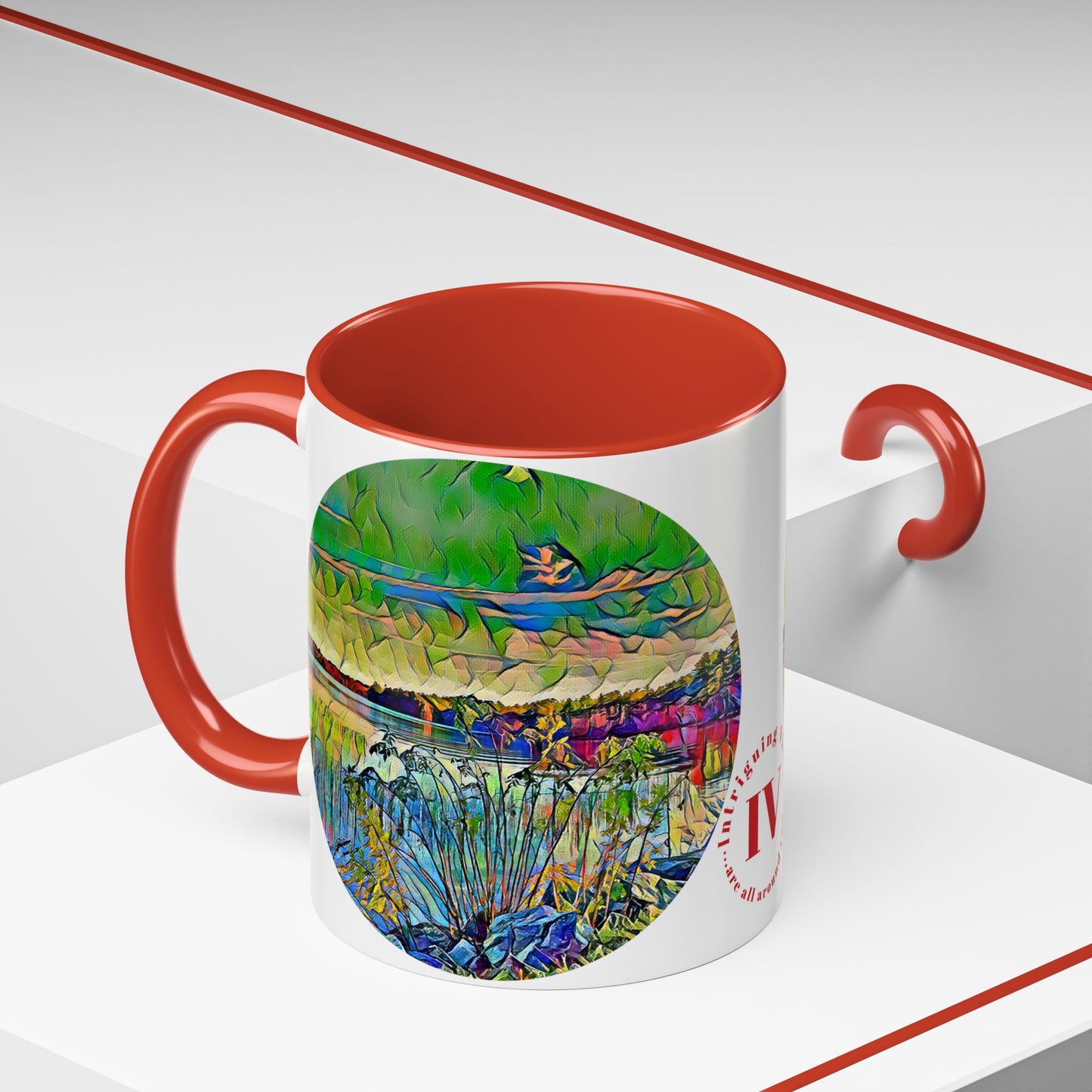 Custom Designed Red Accent Coffee Mug Available In Two Sizes From The Scenery Series At Intriguing Vistas