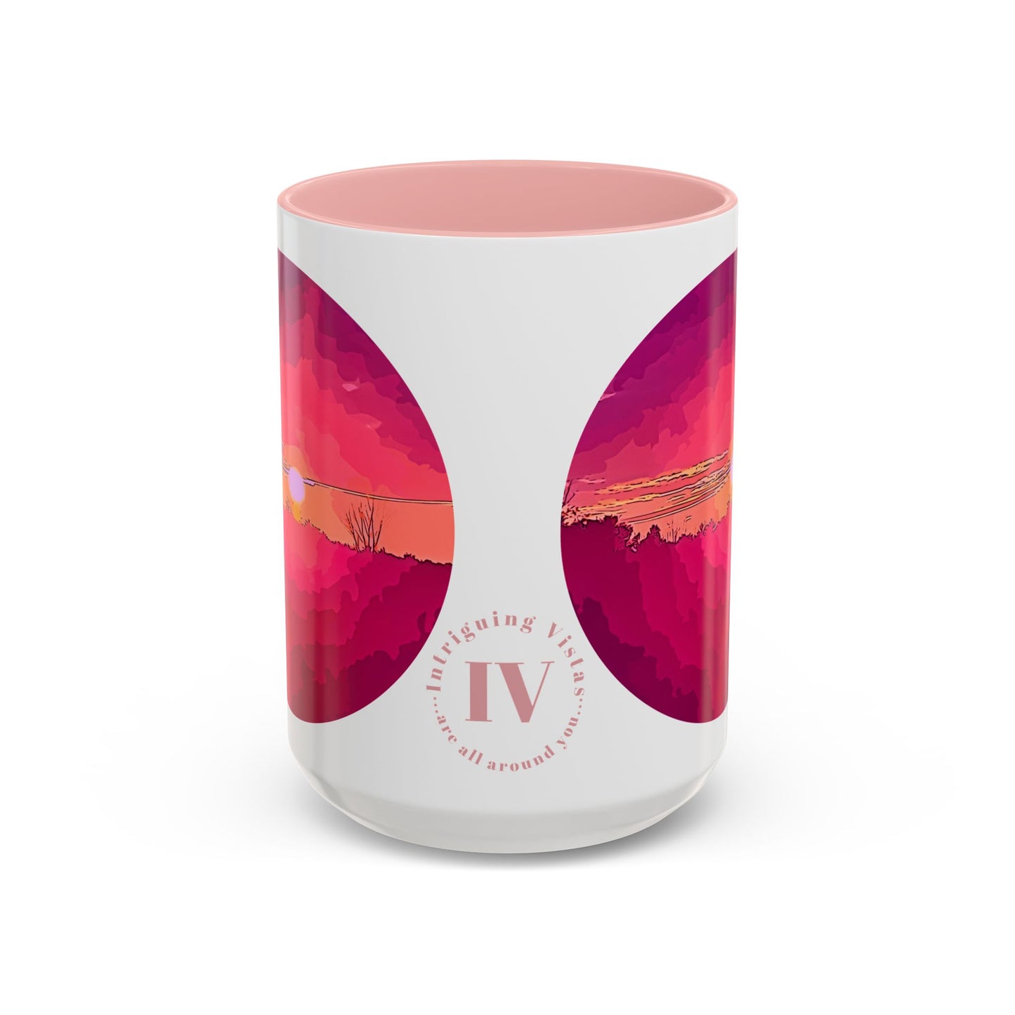 Custom Designed Pink Accent Coffee Mug Available In Two Sizes From The Sunset Series At Intriguing Vistas