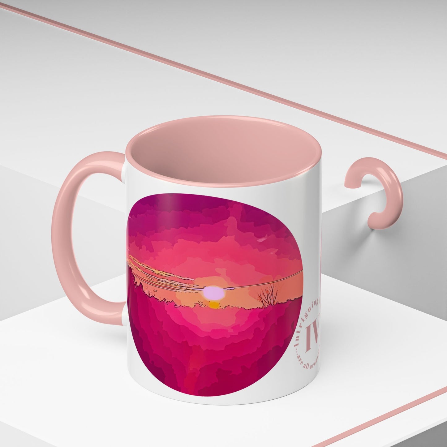 Custom Designed Pink Accent Coffee Mug Available In Two Sizes From The Sunset Series At Intriguing Vistas