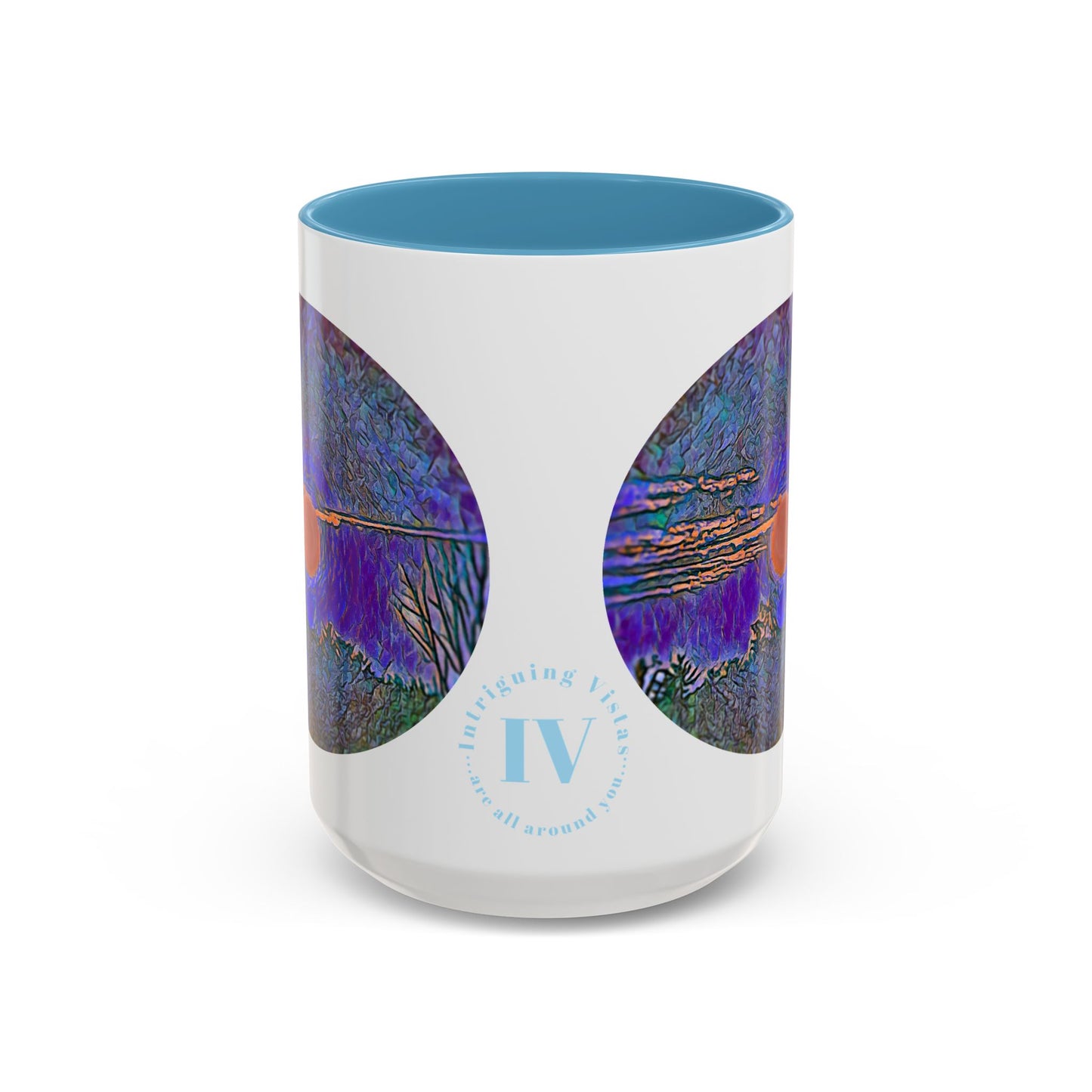 Custom Designed Lt Blue Accent Coffee Mug Available In Two Sizes From The Sunset Series At Intriguing Vistas