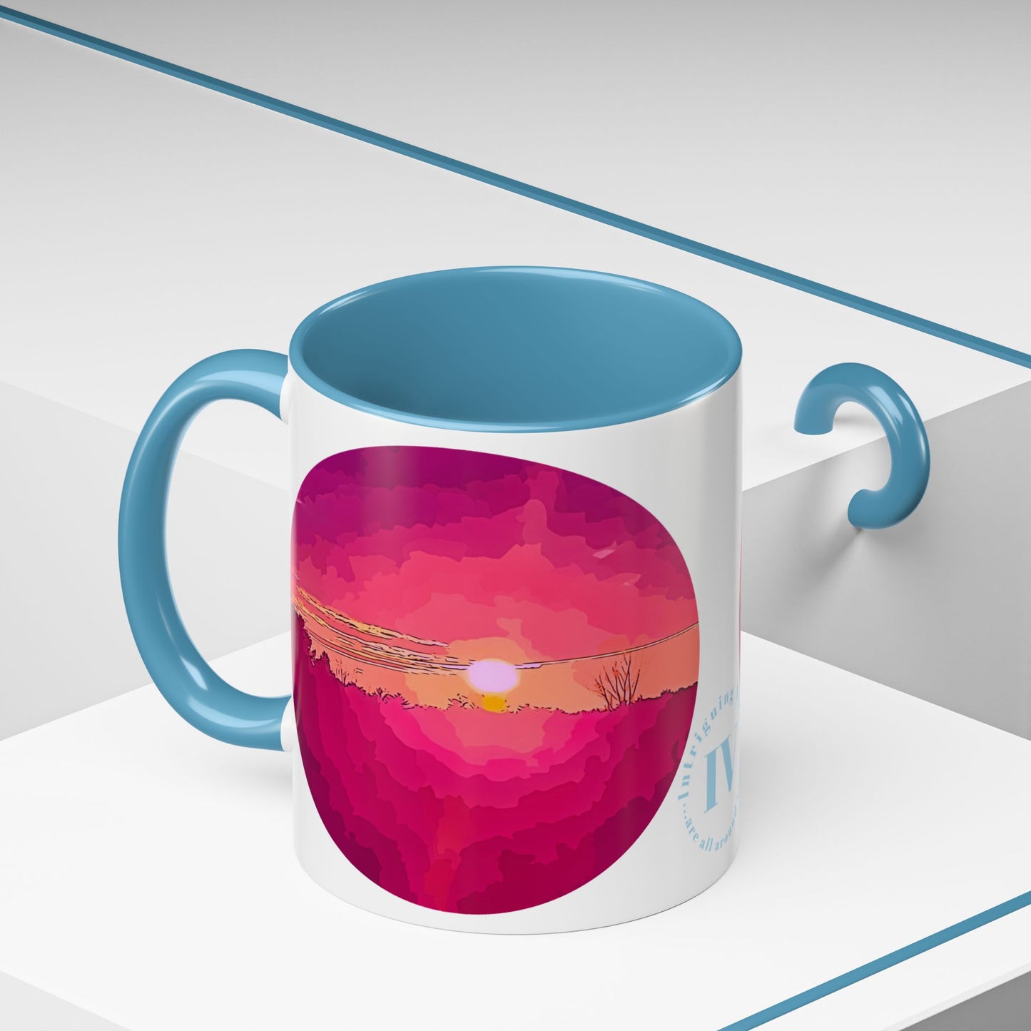 Custom Designed Lt Blue Accent Coffee Mug Available In Two Sizes From The Sunset Series At Intriguing Vistas