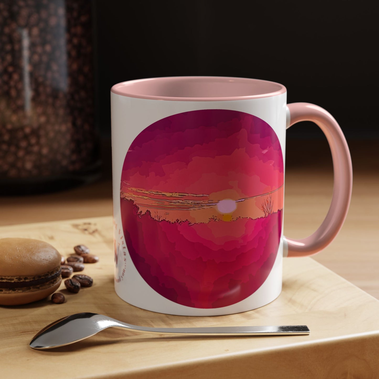 Custom Designed Pink Accent Coffee Mug Available In Two Sizes From The Sunset Series At Intriguing Vistas