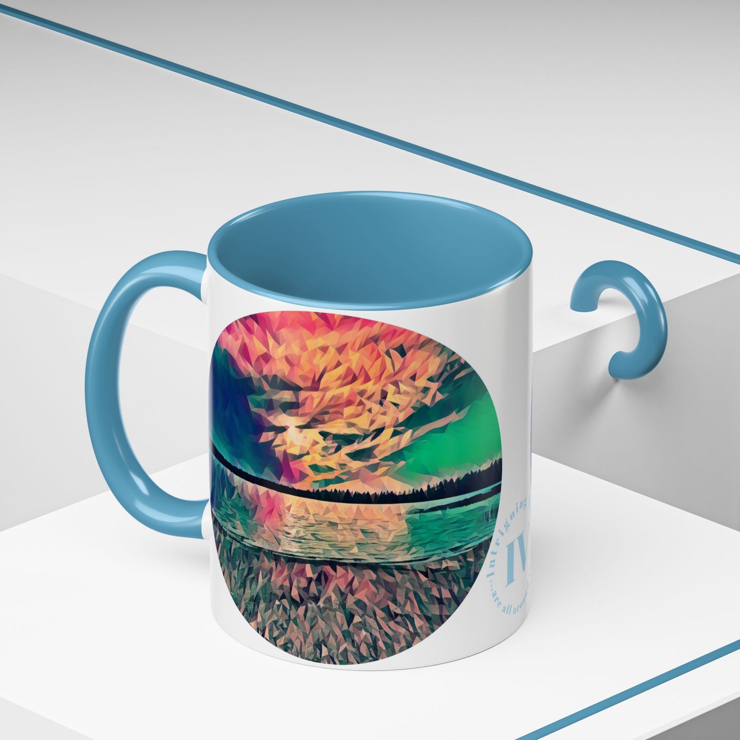 Custom Designed Lt Blue Accent Coffee Mug Available In Two Sizes From The Sunset Series At Intriguing Vistas