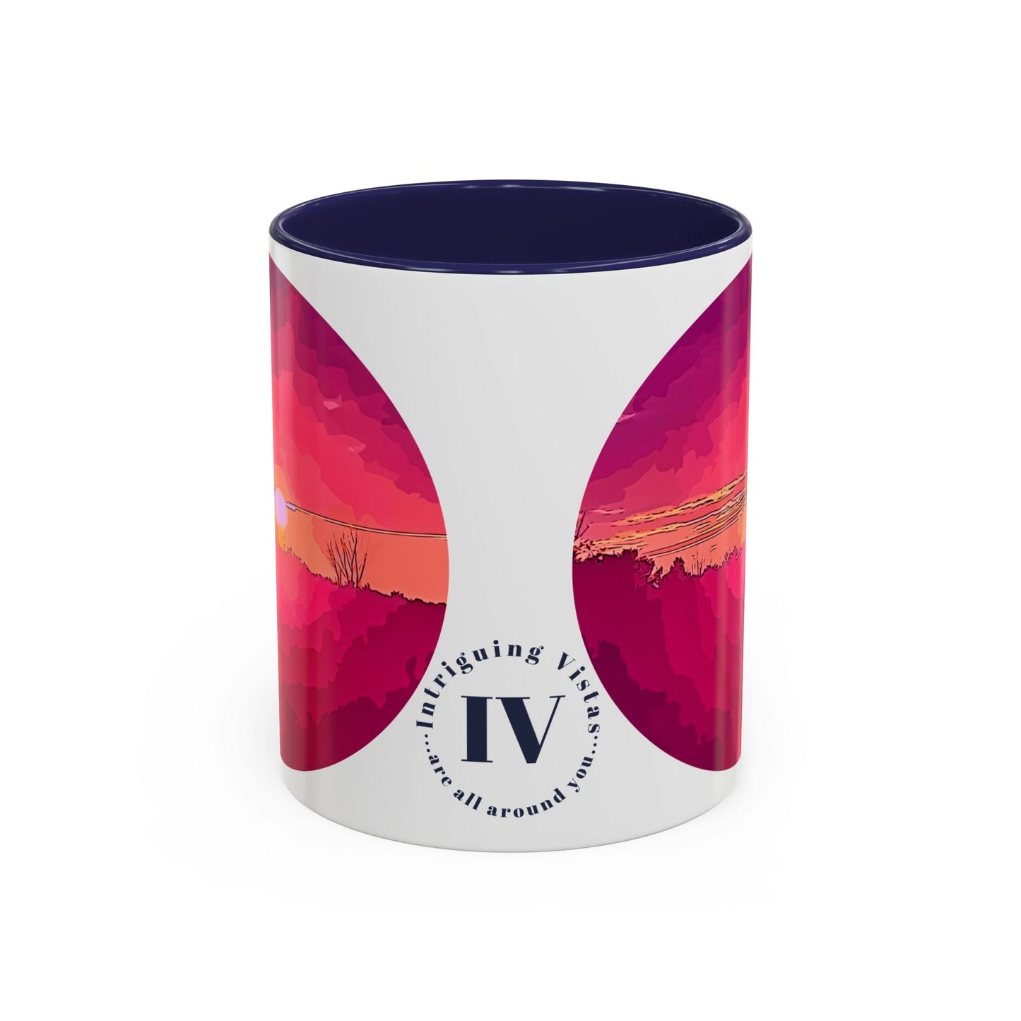 Custom Designed Navy Accent Coffee Mug Available In Two Sizes From The Sunset Series At Intriguing Vistas
