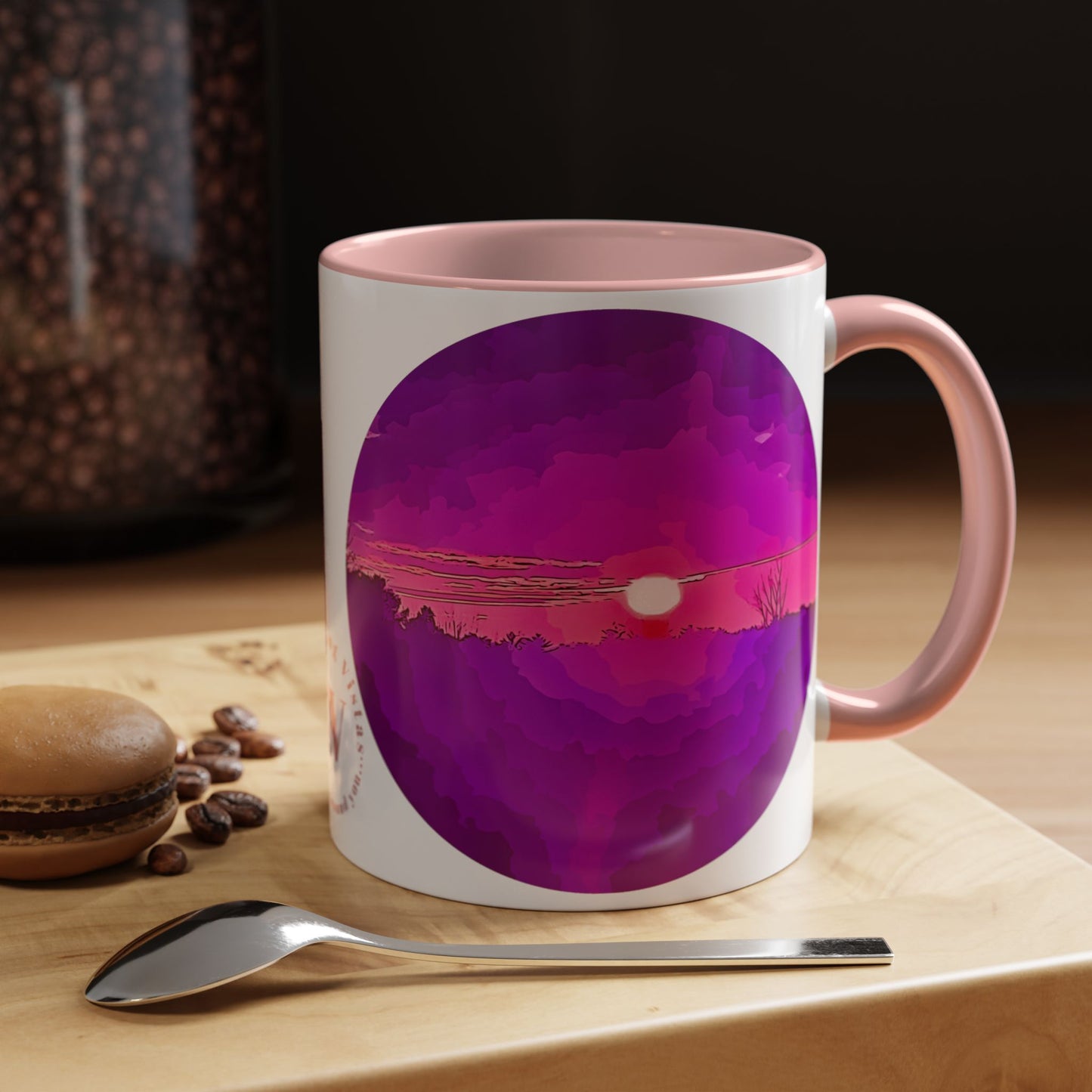 Custom Designed Pink Accent Coffee Mug Available In Two Sizes From The Sunset Series At Intriguing Vistas