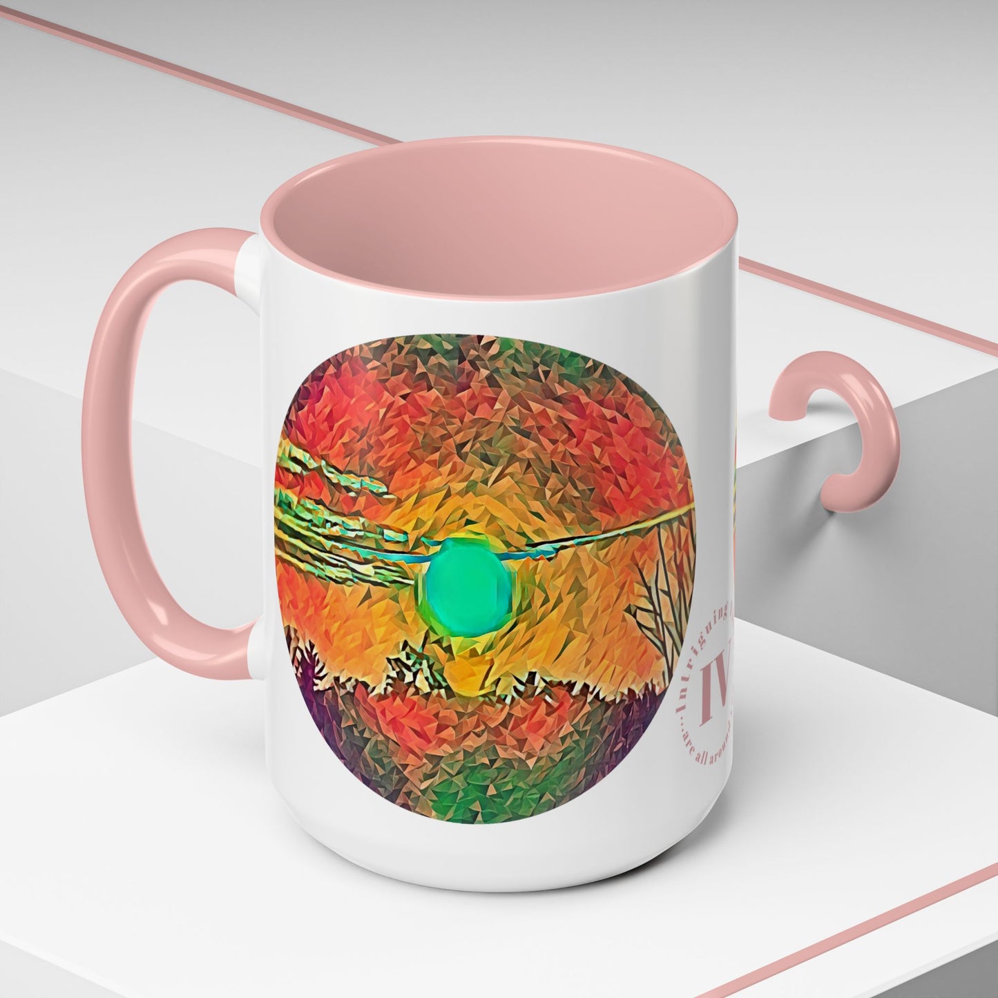 Custom Designed Pink Accent Coffee Mug Available In Two Sizes From The Sunset Series At Intriguing Vistas
