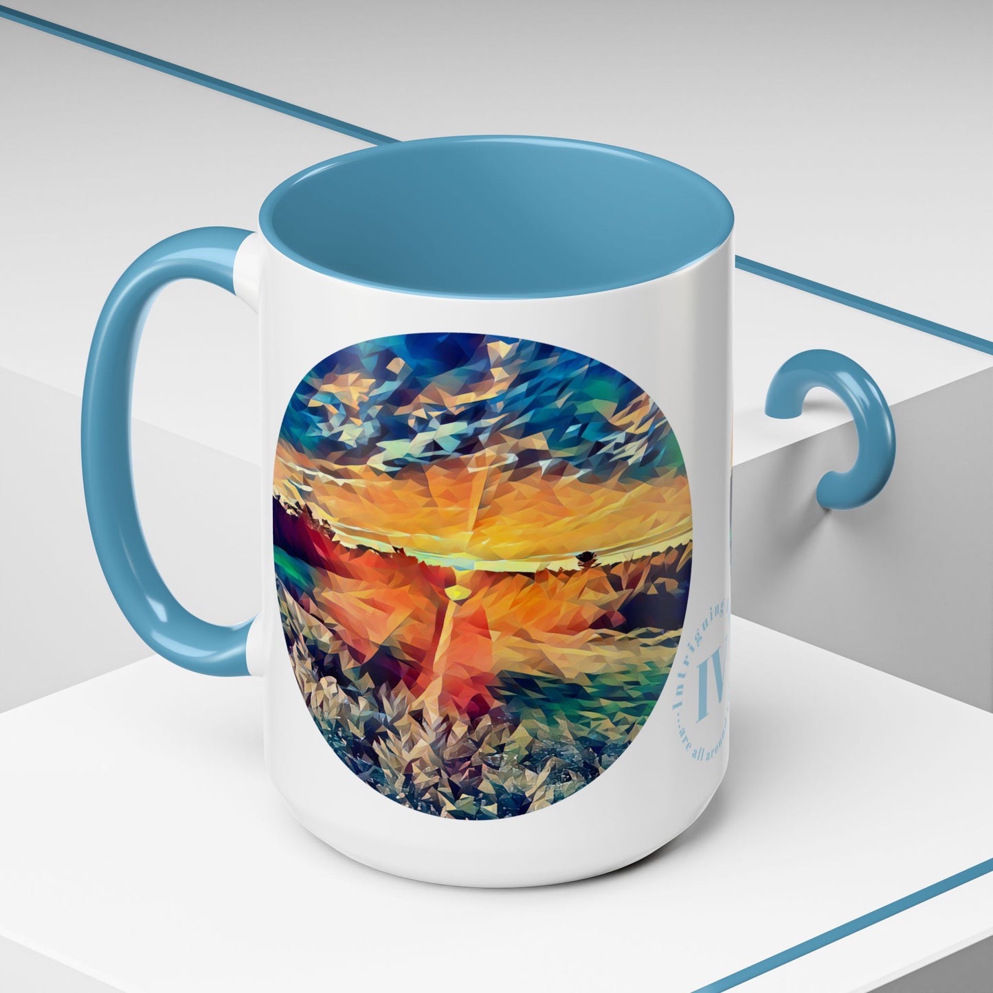 Custom Designed Lt Blue Accent Coffee Mug Available In Two Sizes From The Sunset Series At Intriguing Vistas