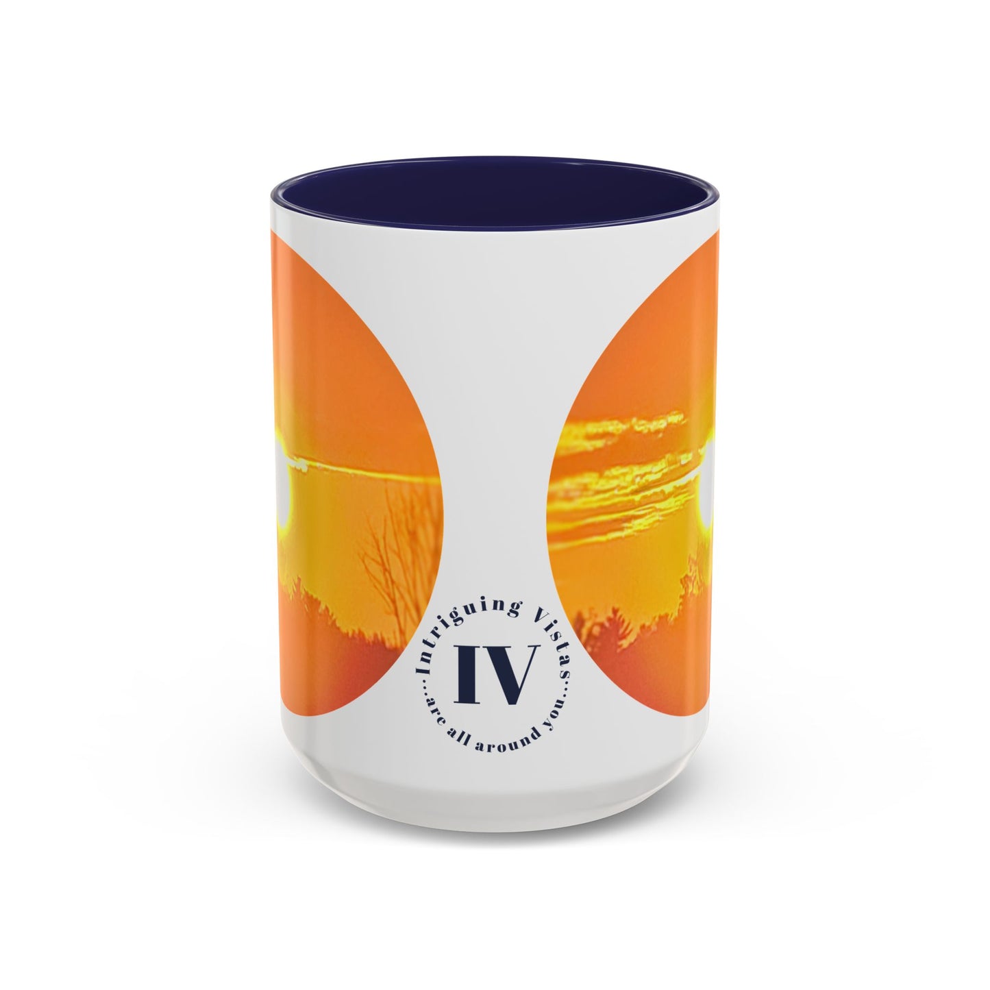 Custom Designed Navy Accent Coffee Mug Available In Two Sizes From The Sunset Series At Intriguing Vistas