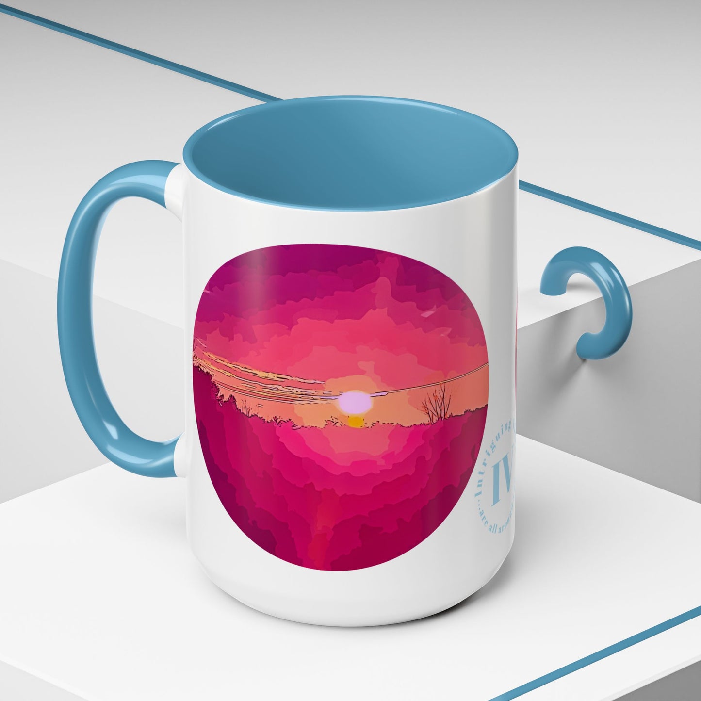 Custom Designed Lt Blue Accent Coffee Mug Available In Two Sizes From The Sunset Series At Intriguing Vistas