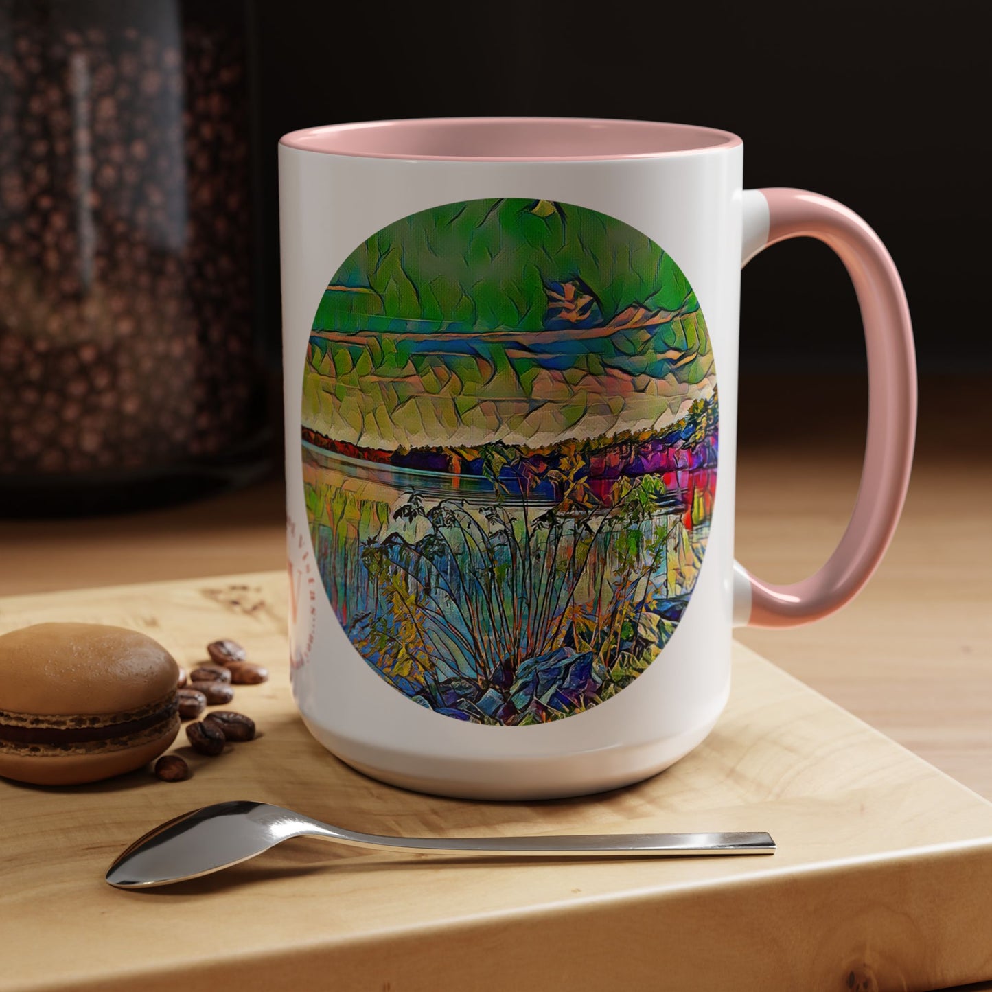 Custom Designed Pink Accent Coffee Mug Available In Two Sizes From The Scenery Series At Intriguing Vistas