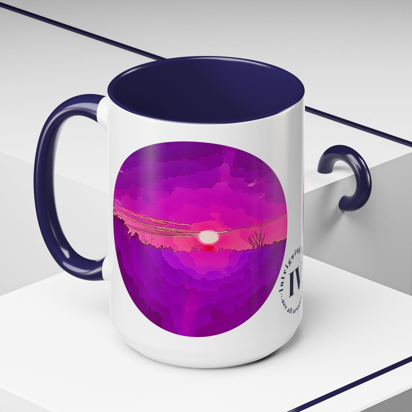 Custom Designed Navy Accent Coffee Mug Available In Two Sizes From The Sunset Series At Intriguing Vistas