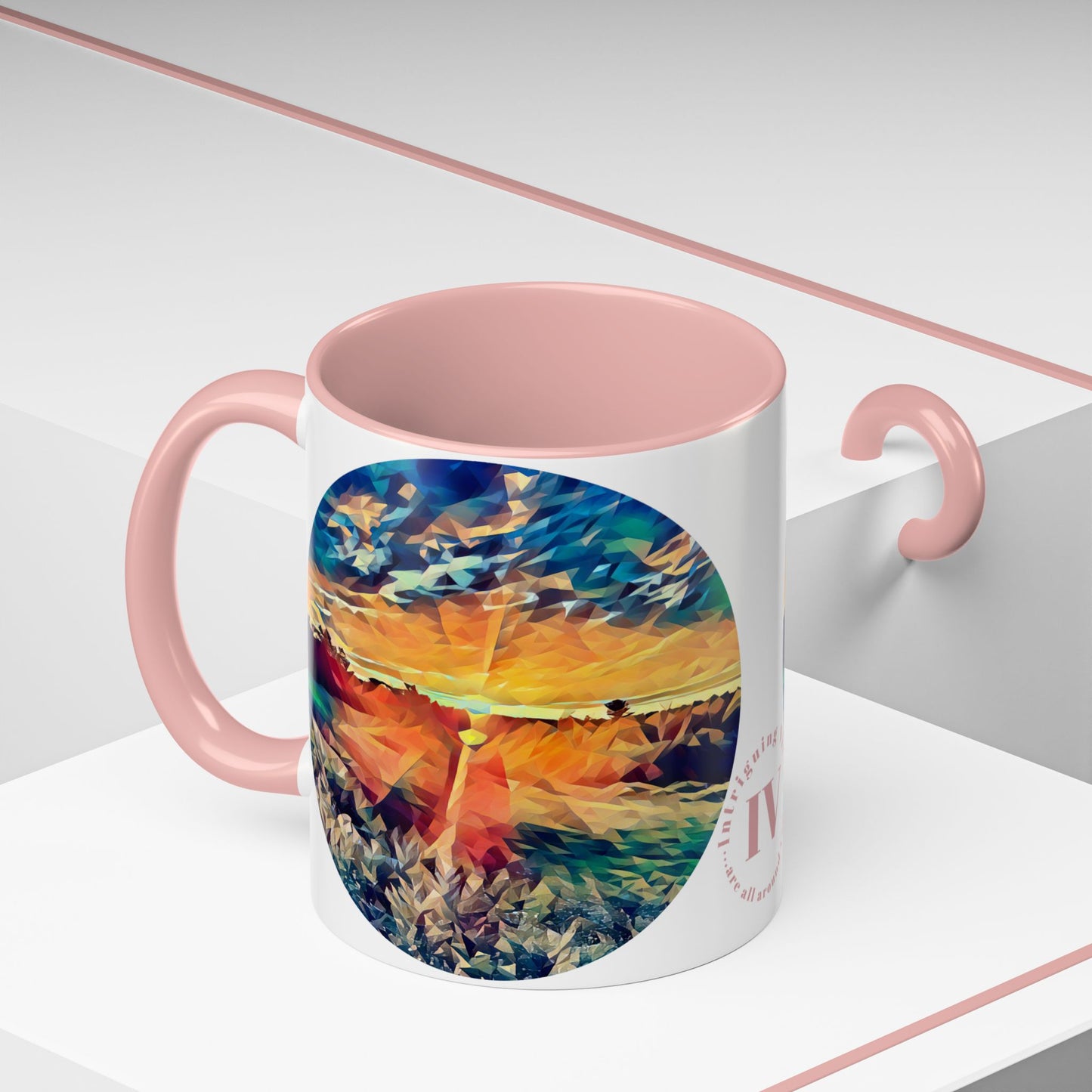 Custom Designed Pink Accent Coffee Mug Available In Two Sizes From The Sunset Series At Intriguing Vistas