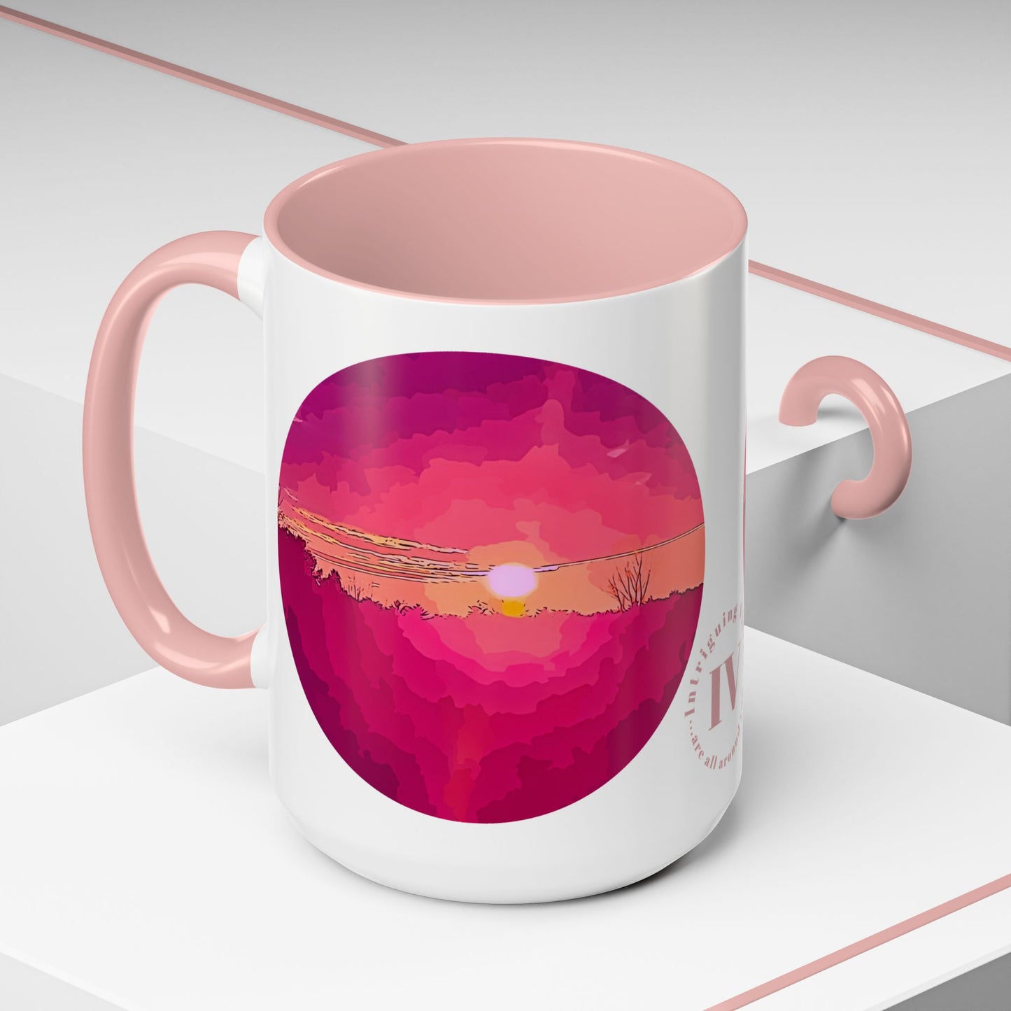 Custom Designed Pink Accent Coffee Mug Available In Two Sizes From The Sunset Series At Intriguing Vistas