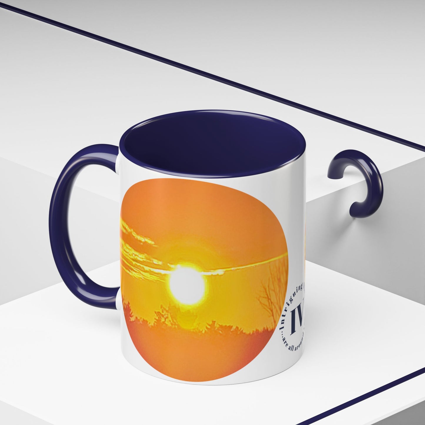 Custom Designed Navy Accent Coffee Mug Available In Two Sizes From The Sunset Series At Intriguing Vistas