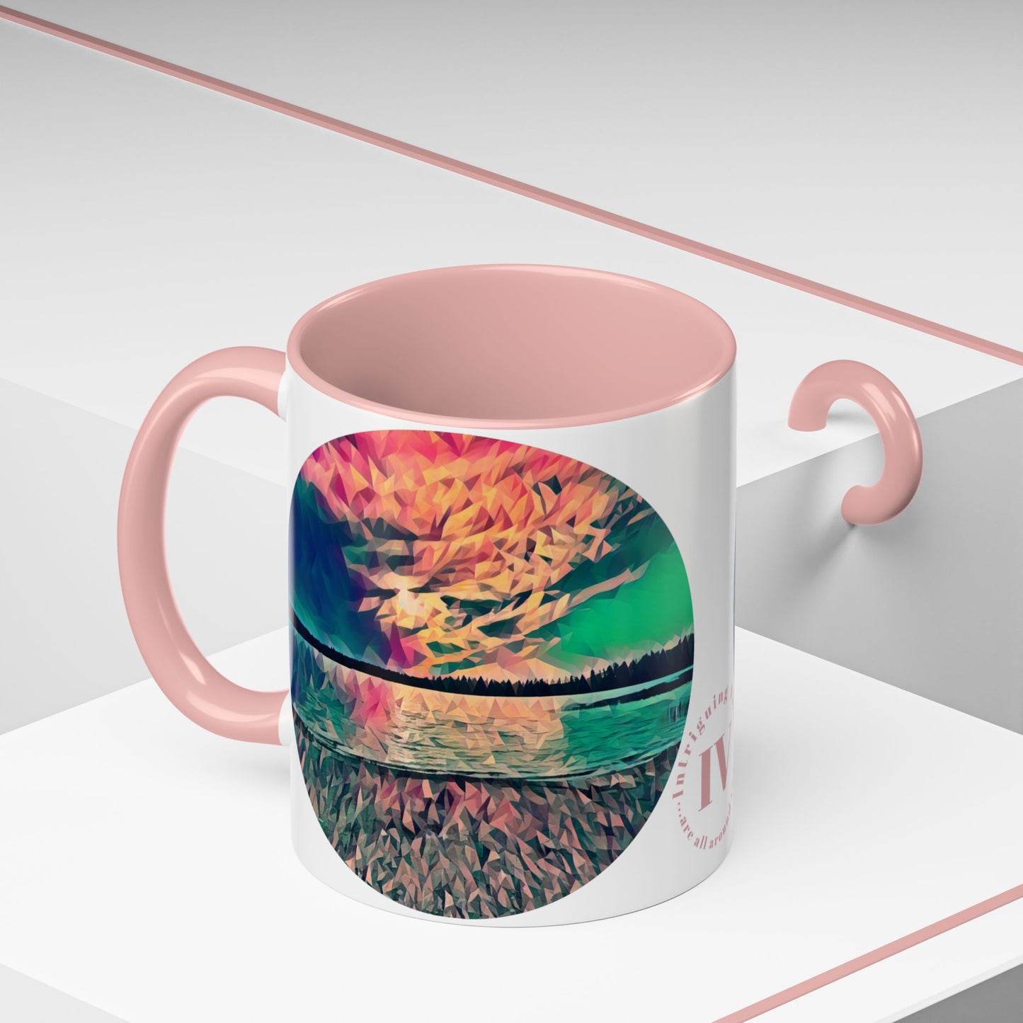 Custom Designed Pink Accent Coffee Mug Available In Two Sizes From The Sunset Series At Intriguing Vistas