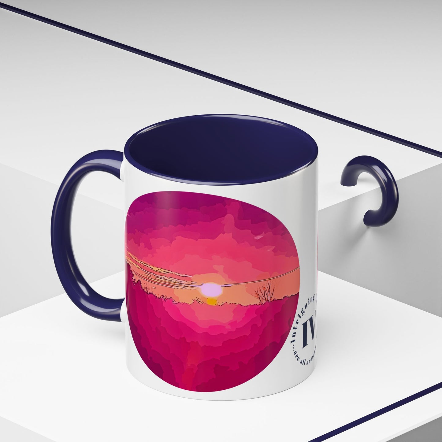 Custom Designed Navy Accent Coffee Mug Available In Two Sizes From The Sunset Series At Intriguing Vistas
