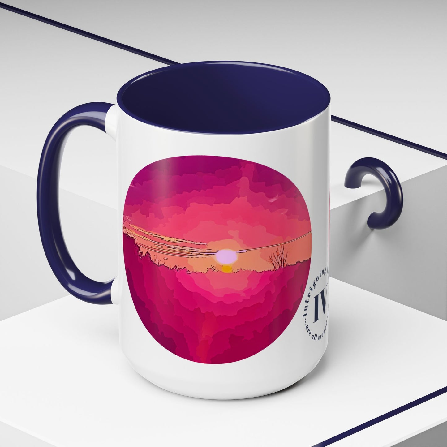 Custom Designed Navy Accent Coffee Mug Available In Two Sizes From The Sunset Series At Intriguing Vistas
